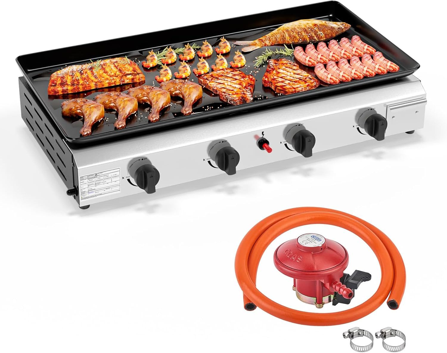 LALAHO Gasgrill Gasgrill Tischgasgrill mit 4 Brennern, Gas grill Camping 11.72 kW, Tragbarer Gasgrill Emaillierter Antihaft-Grillplatte für Camping