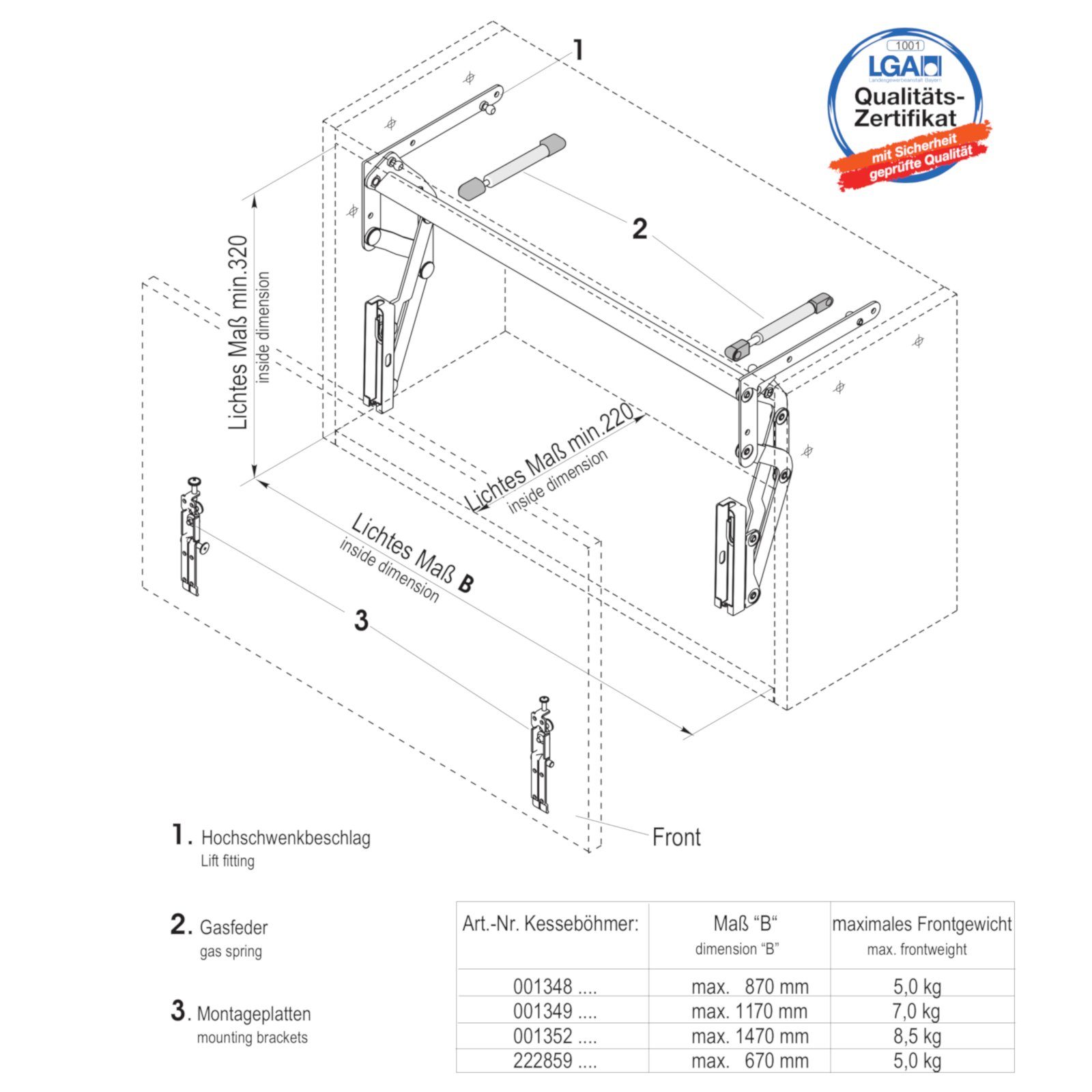 Möbelbeschlag bis 870 breitenanpassbar Kesseböhmer 90 bis HSB 150 mm cm, SO-TECH®