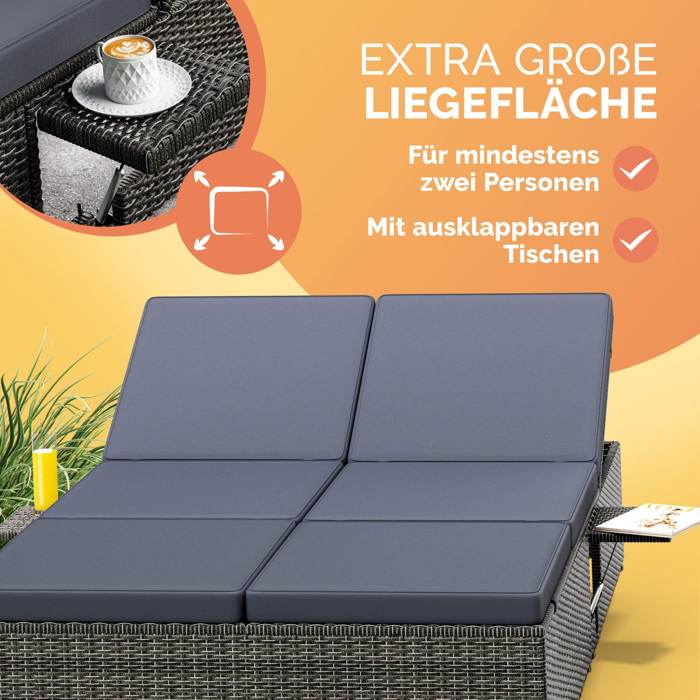 Casaria Gartenliege, Doppelliege Klapptisch Wetterfest 7-fach Höhenverstellbar Liegestuhl