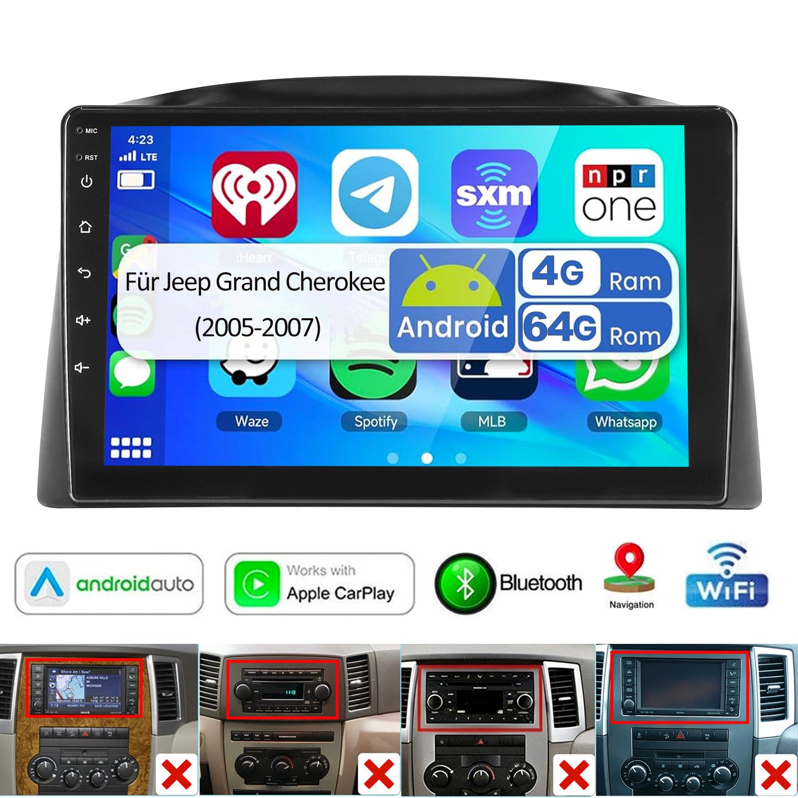 ESSGOO DAB+ Für Jeep Grand Cherokee 2005-2007 Android 15 GPS Navi WIFI BT Autoradio (DAB (optional), DAB+ (optional), 4+64GB(optional), RDS, AM, FM, Carplay Android Auto Bluetooth EQ USB GPS Navi WIFI Touchscreen)