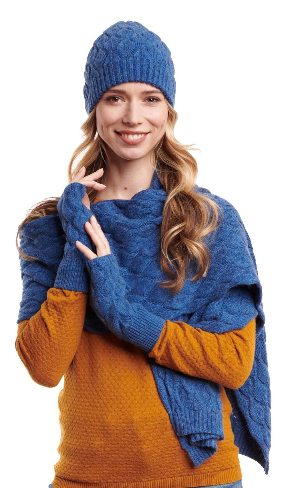 Hilltop Strickmütze Winterset für Damen aus Schal, Mütze und Handwärmer Blau