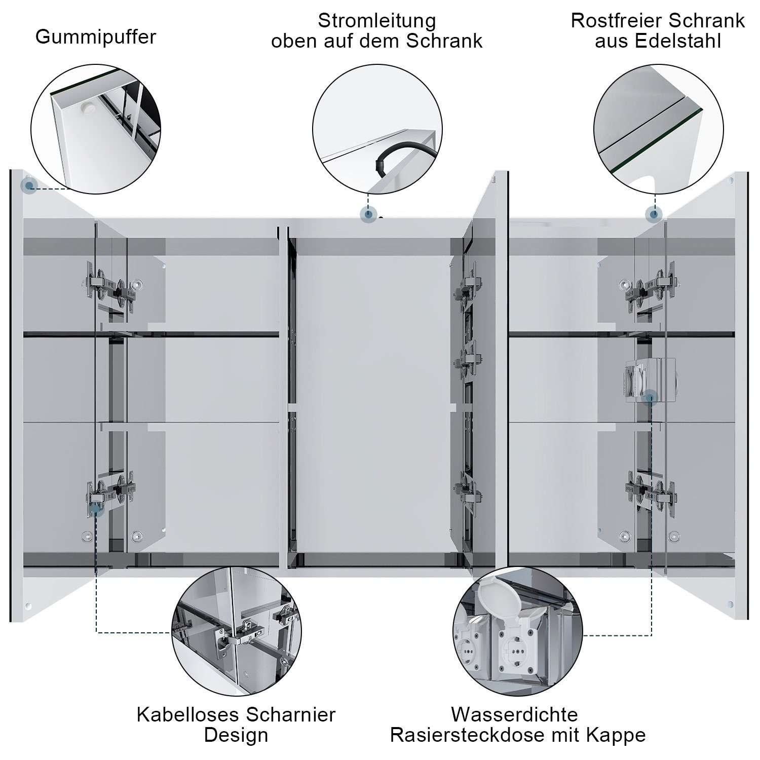 Badezimmerspiegelschrank Spiegelschrank cm Beleuchtung Steckdose Badschrank mit Spiegelschrank 105 SONNI Badspiegel, LED Edelstah, Bad