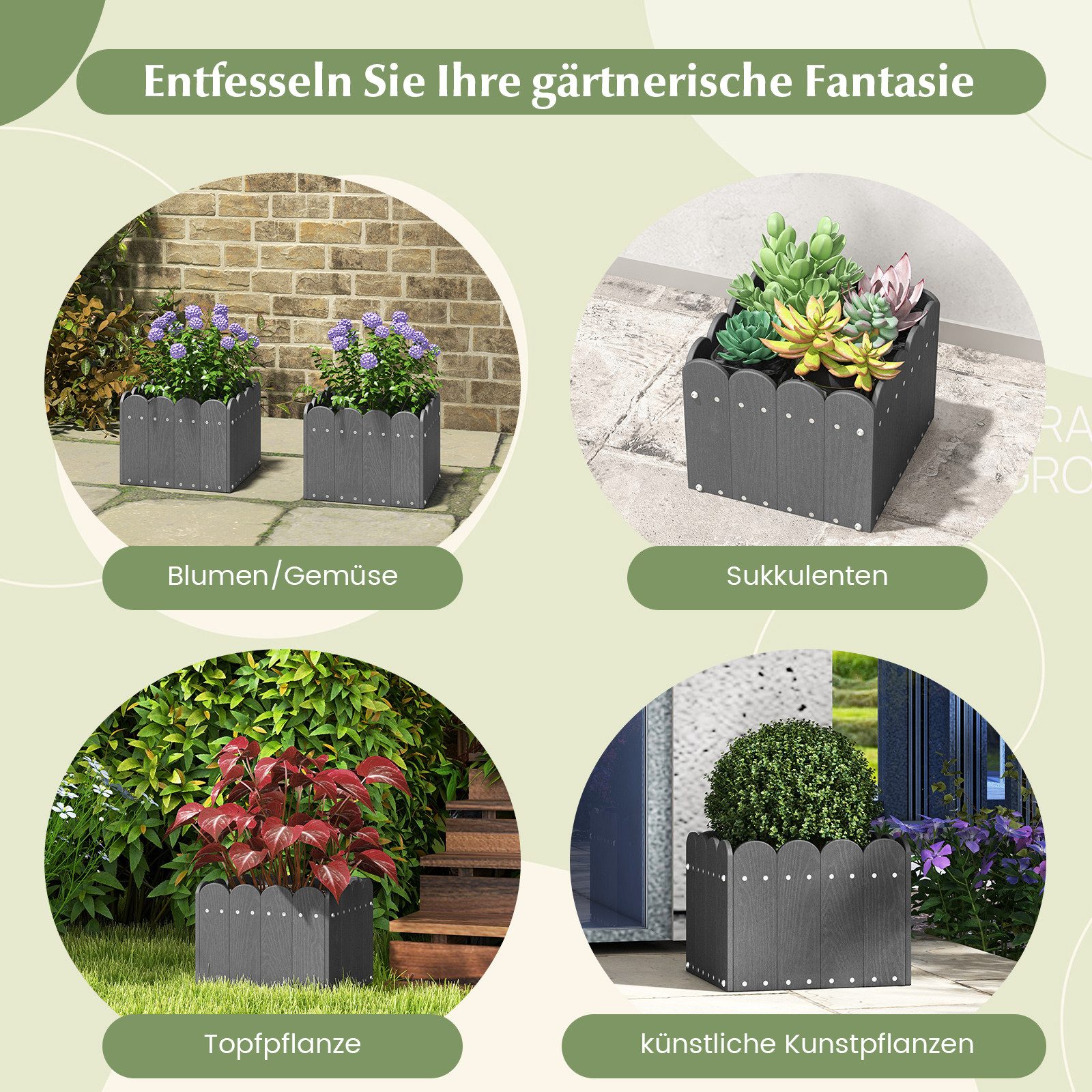 COSTWAY Blumenkasten (2 St), Blumenkübel, mit Abflusslücken, 32x30x25 cm