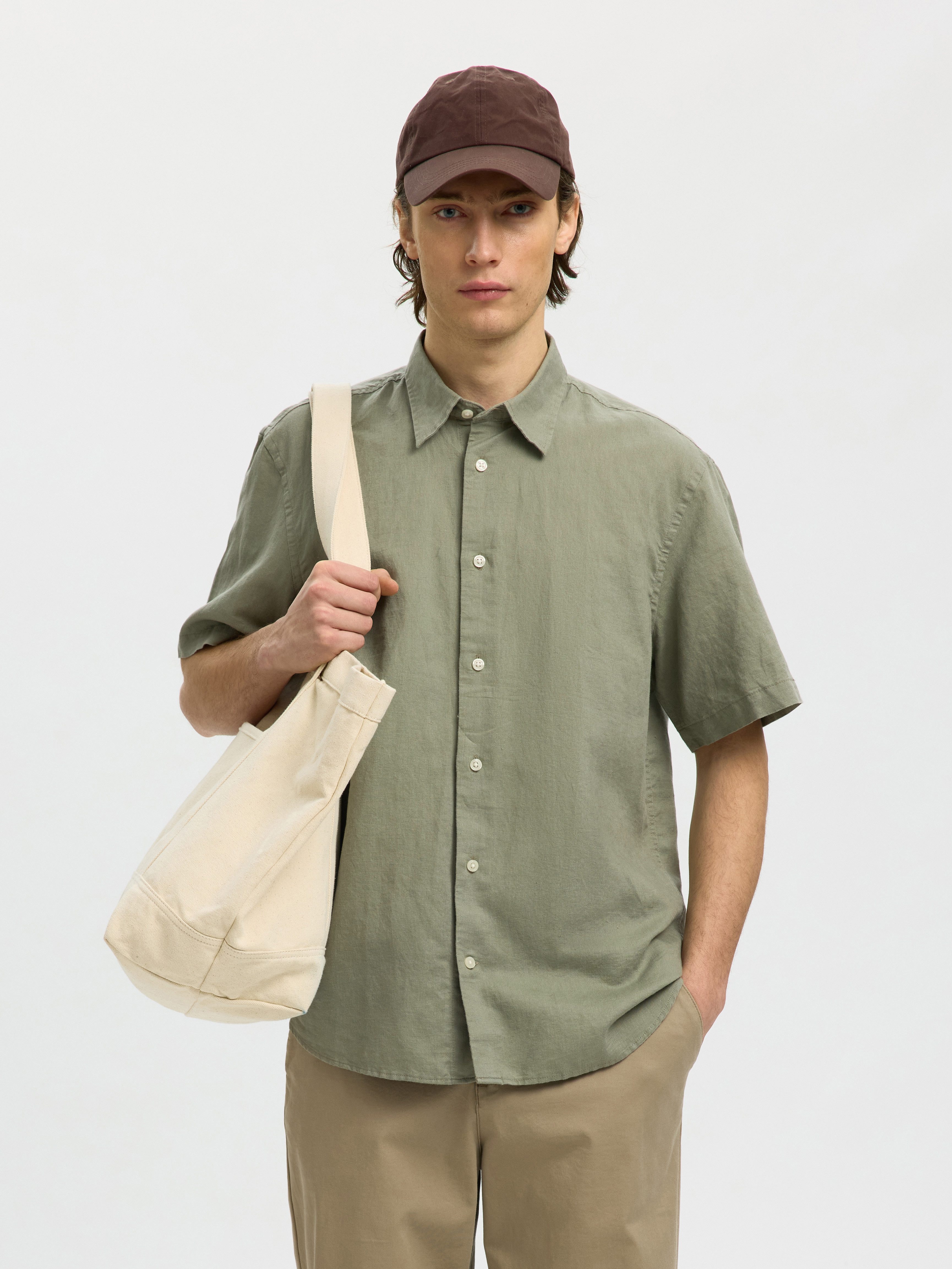 Selected Langarmhemd SLHREGCLAY LINENBLEND SS SHIRT CLA NOOS Materialmix, regular fit