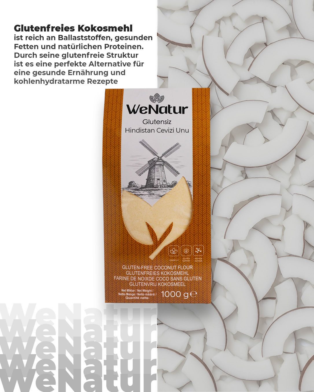 We_Natur Mehl Kokosmehl – Low-Carb, ballaststoffreich & natürlich glutenfrei 1kg, 1000 g, 100 % Natürlich, Glutenfrei – Bild 4 von 5