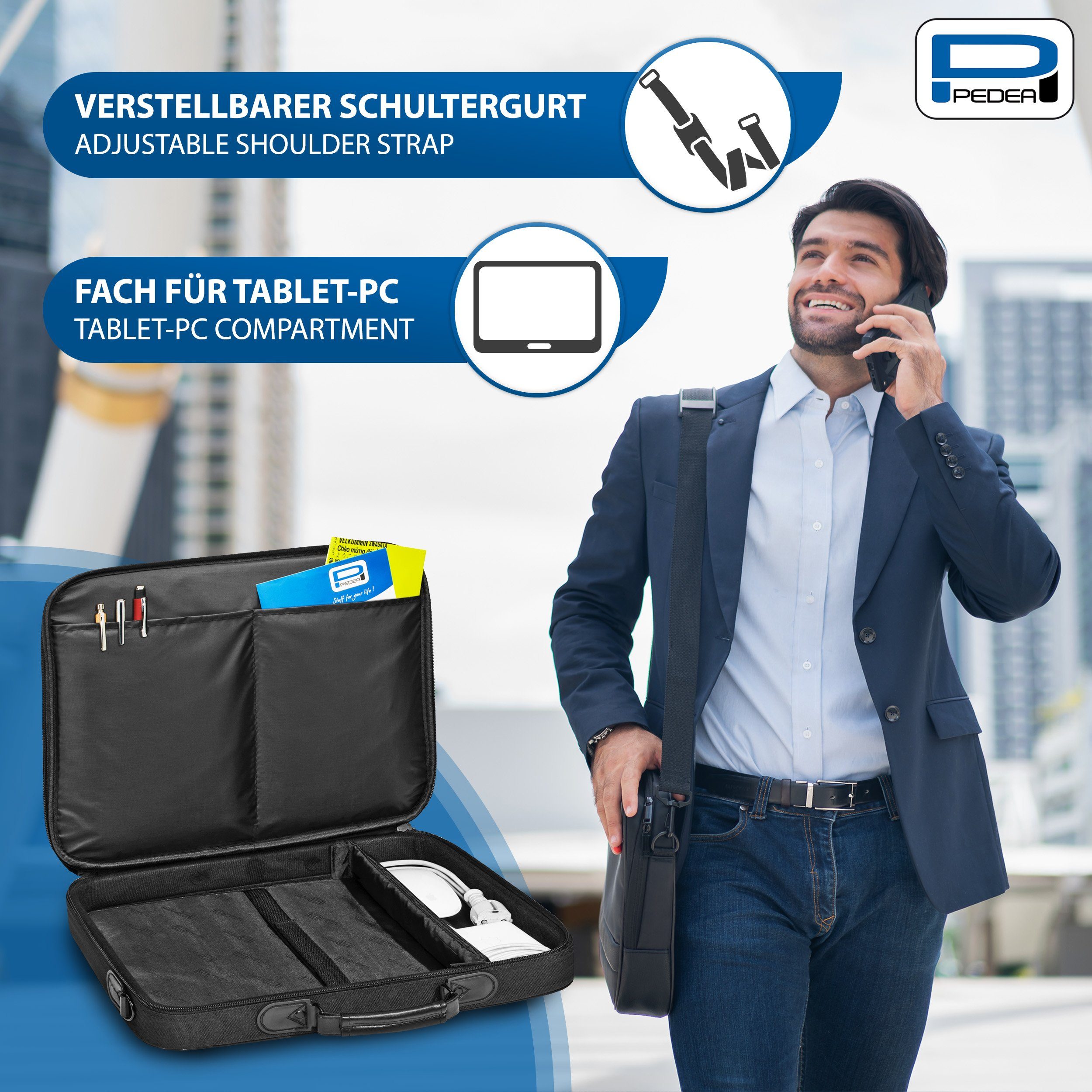 PEDEA Laptoptasche FAIR Notebooktasche für 13,3 / 15,6 / 17,3 Zoll (Laptopfach: 36,5 cm x 26,5 cm x 5,5 cm (BxHxT), bis 14,1 Zoll (35,8 cm) Schutzrahmen, wasser – Bild 4 von 5