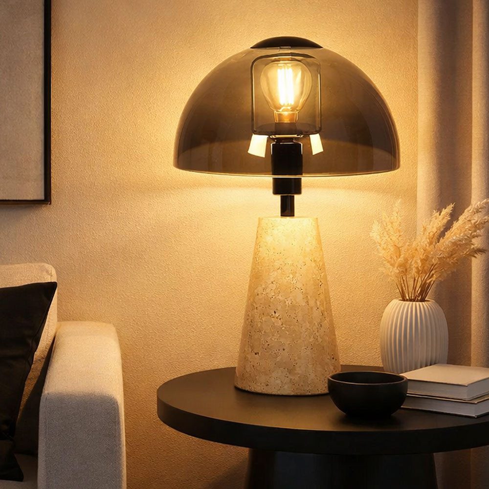 GLOBO LIGHTING LED Tischleuchte, Leuchtmittel inklusive, Warmweiß, Tischlampe Tischleuchte Pilz Design Travertin Stein Rauchglas LED 31cm