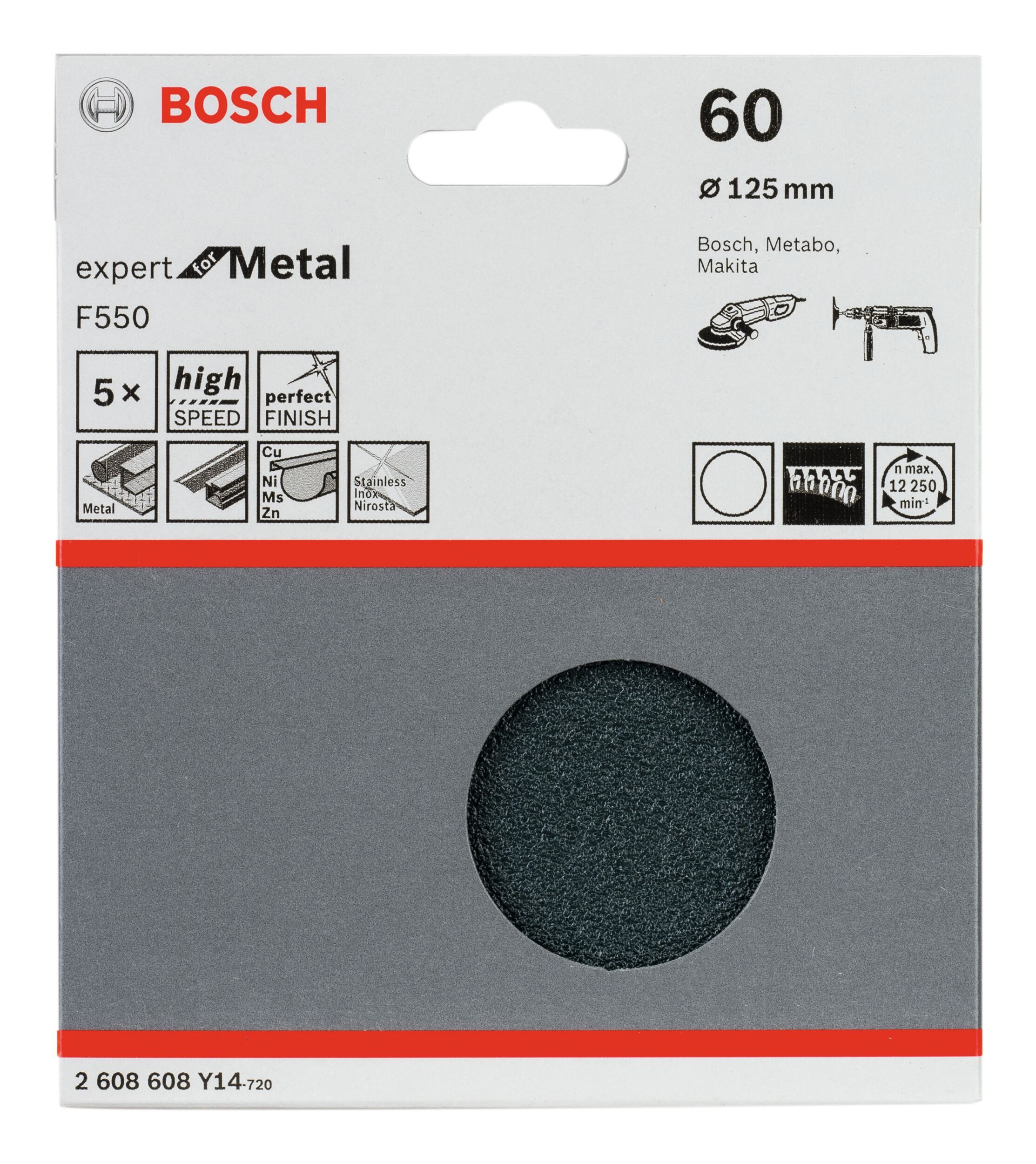 Thumbnail - BOSCH Schleifpapier Expert F550, (5 Stück), Schleifblatt, for Metal, 125 mm, K60, ungelocht, Klett - 5er-Pack