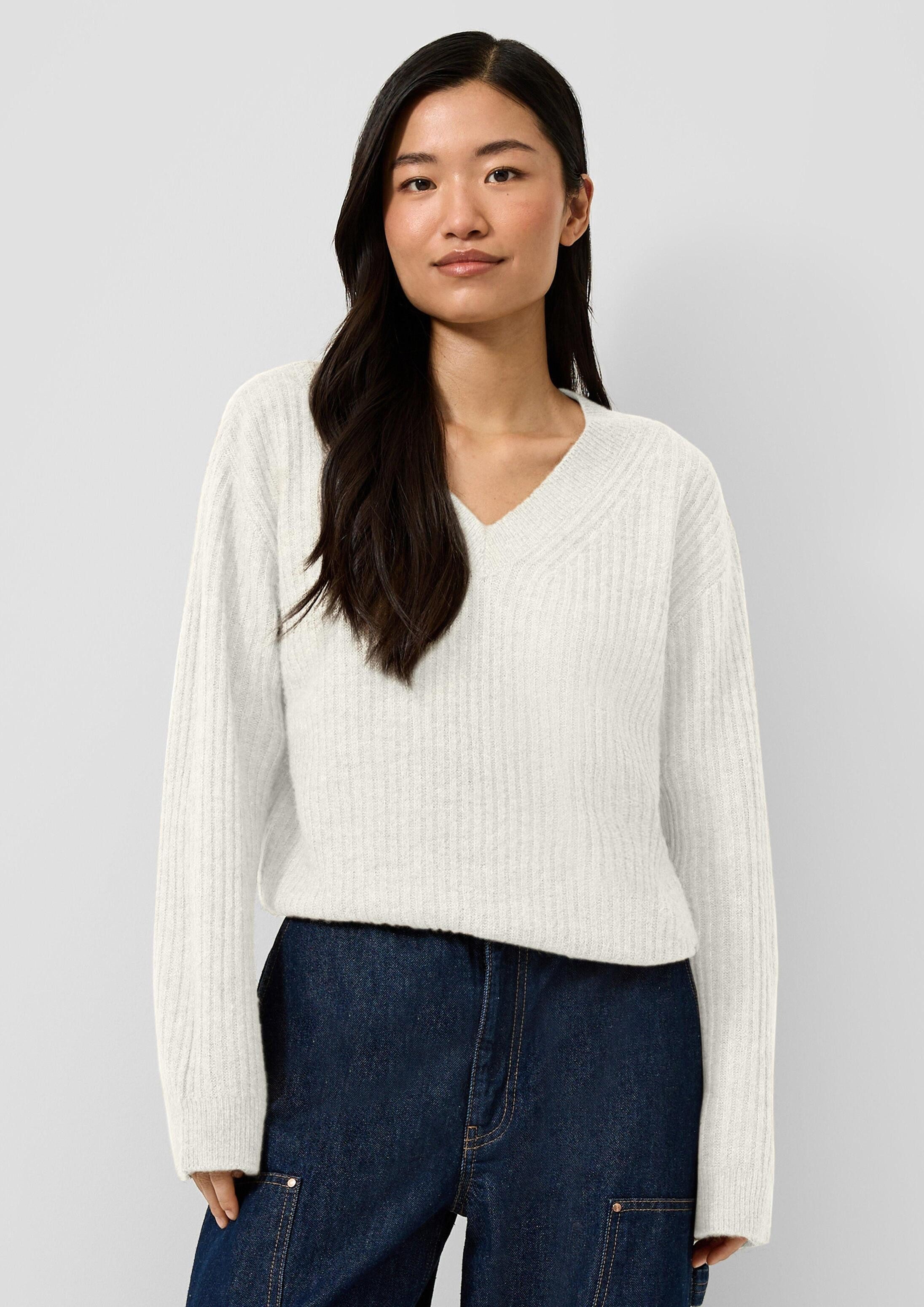 QS Longpullover Strickpullover Pullover mit Rippstruktur in Melange-Optik