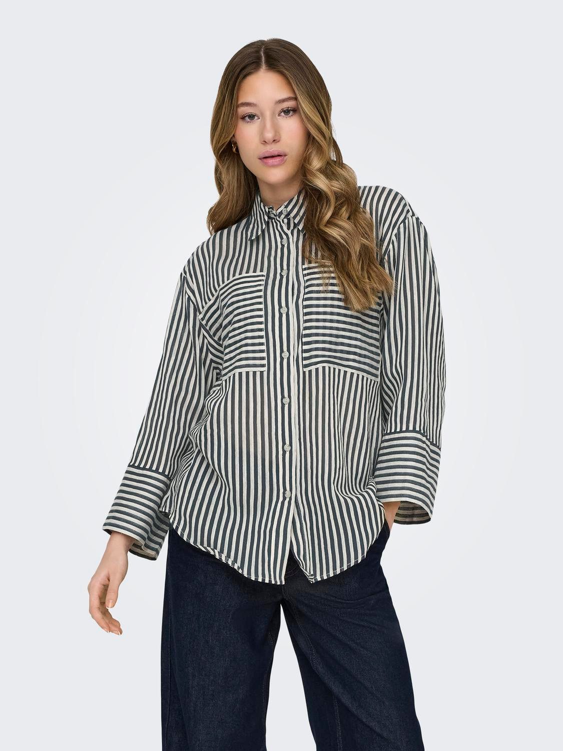 JACQUELINE de YONG Blusenshirt weite 3/4 Ärmel Knopfleiste Rundhals Hemdkra günstig online kaufen
