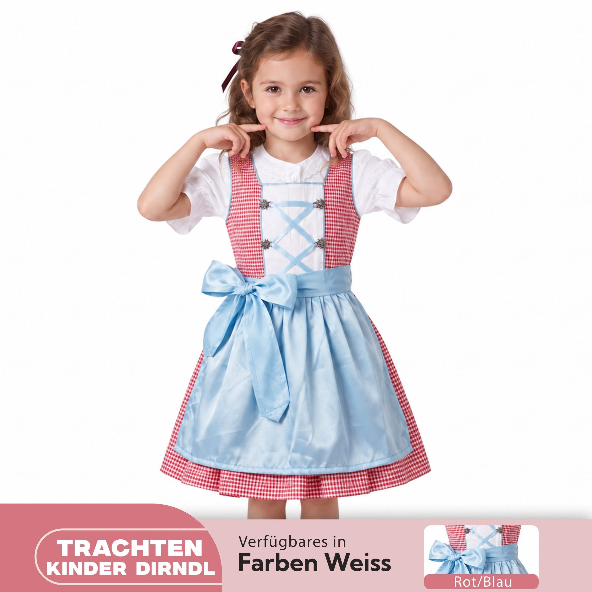 German Wear Dirndl GW1710 Red/Blue Dirndl-set Mädchendirndl kinder Trachten Kleid Rot/ Blauer Schürze – Bild 4 von 5