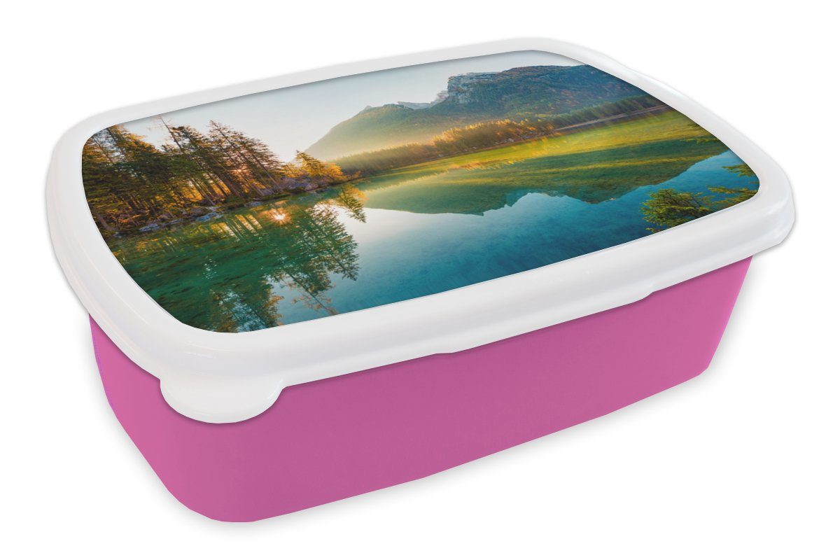 MuchoWow Lunchbox See - Wald - Berge - Natur - Sonne - Landschaft, Kunststoff, (2-tlg), Brotbox für Erwachsene, Brotdose Kinder, Snackbox, Mädchen, Kunststoff rosa
