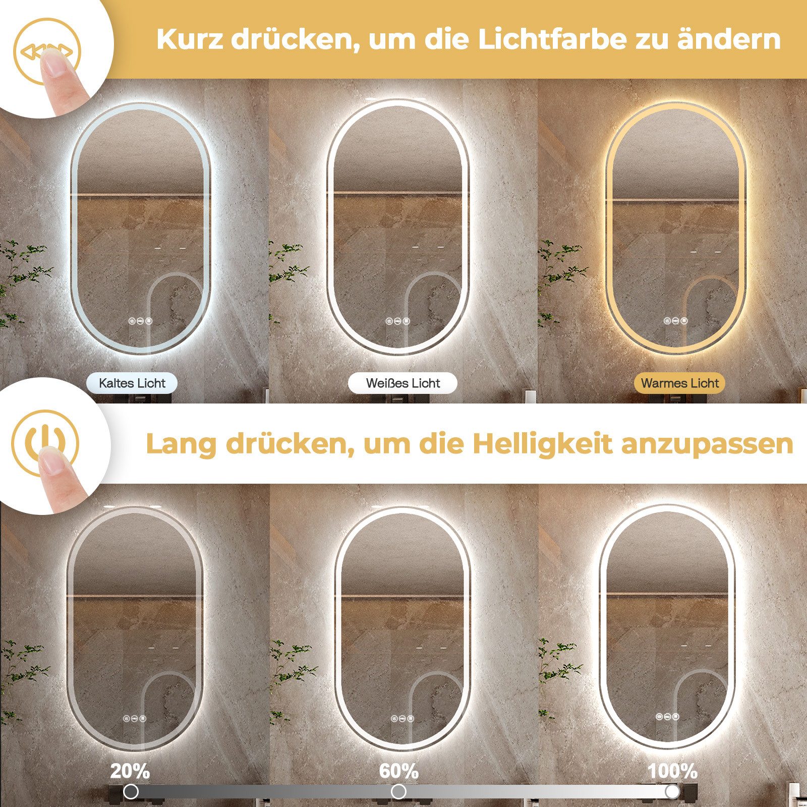Yorbay Badspiegel groß mit Beleuchtung, LED Knopfschalter, Antibeschlag, Oval Design, 80x50CM, Ohne Rahmen – Bild 4 von 5