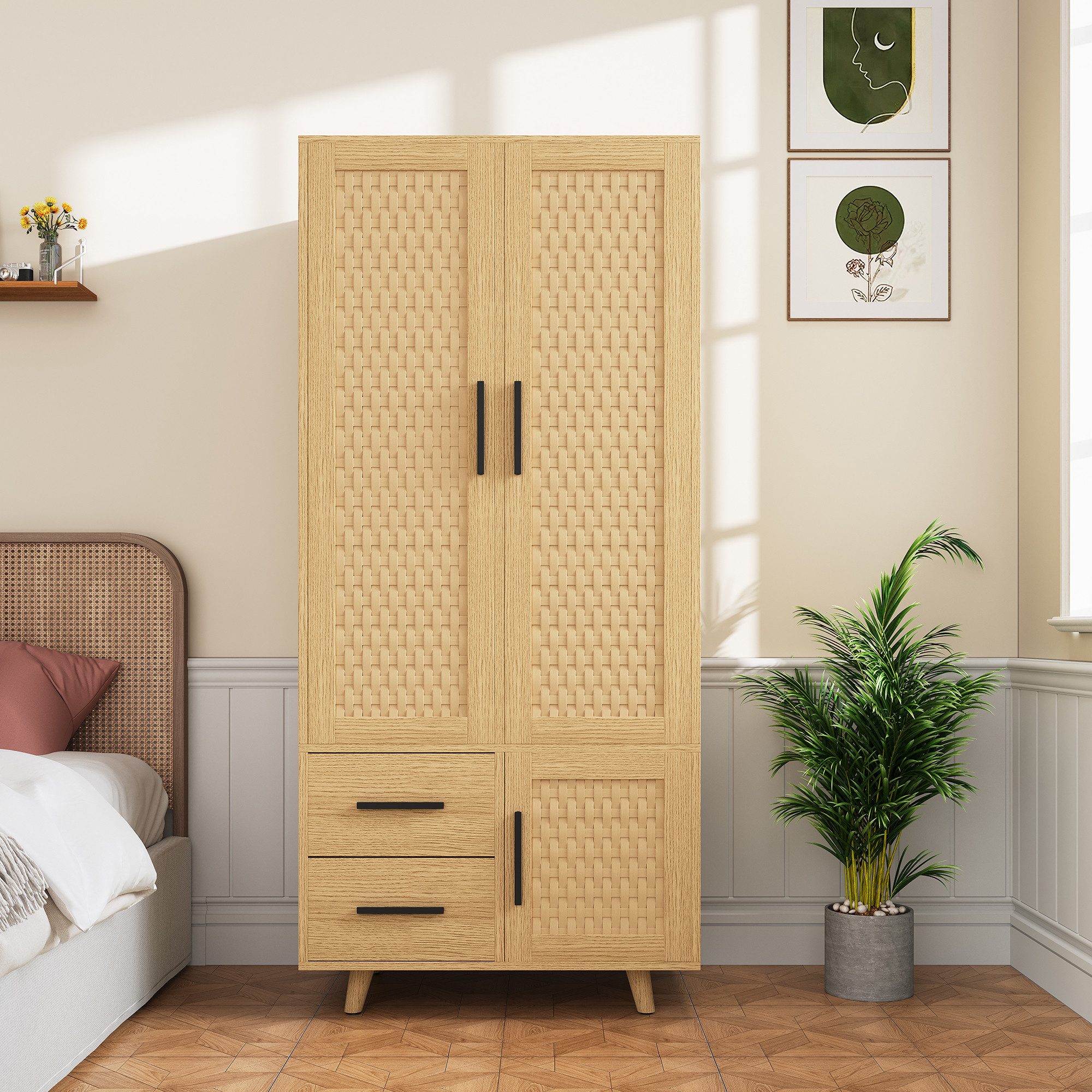 FUROKOY Kleiderschrank Drehtürenschrank mit 3 Schranktüren aus Rattan Garderobenschrank mit 2 Kleiderstangen,2 Schubladen