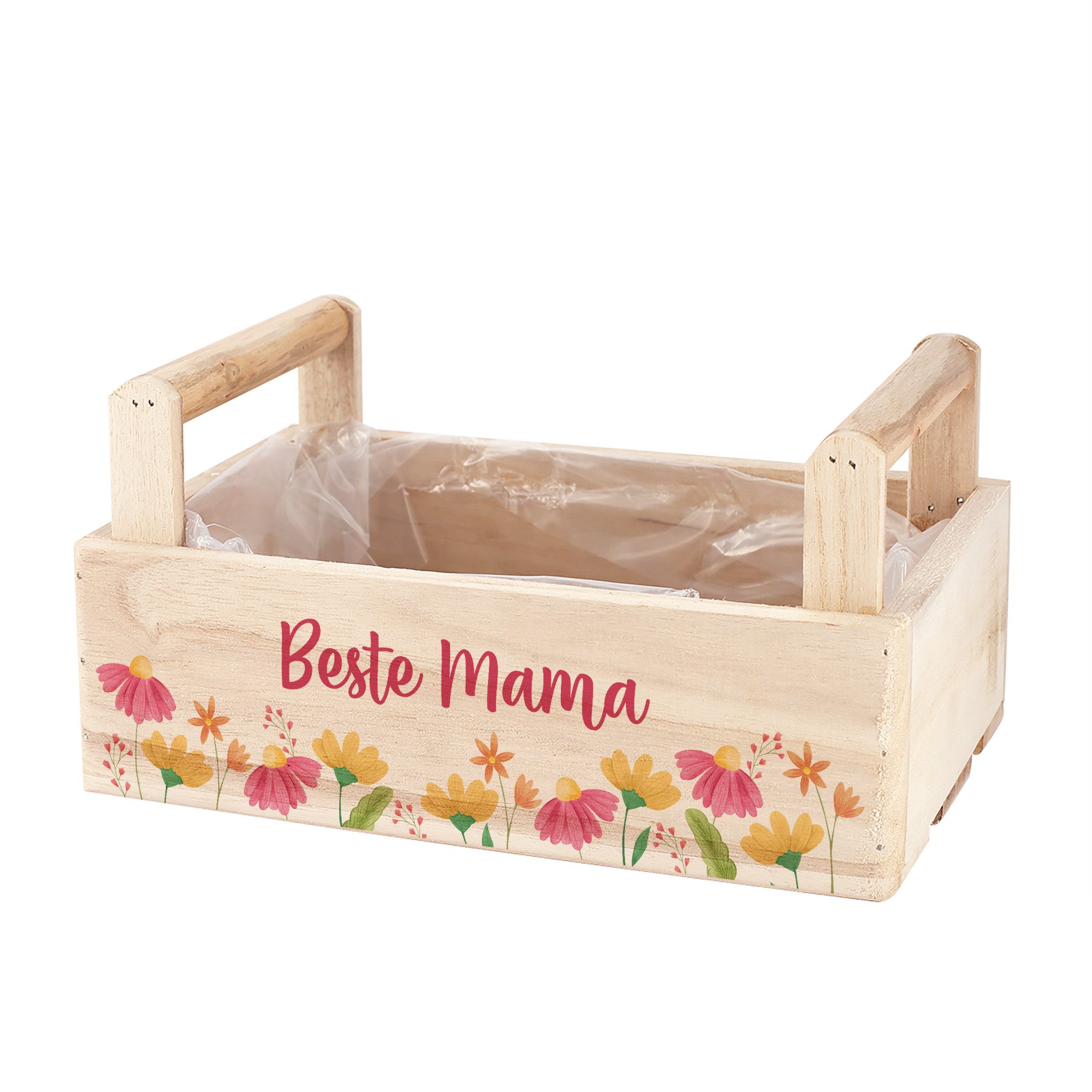 Herz & Heim Geschenkbox aus Holz zum selbst Befüllen mit Blumenmotiv und Aufschrift, mit Holzgriffen