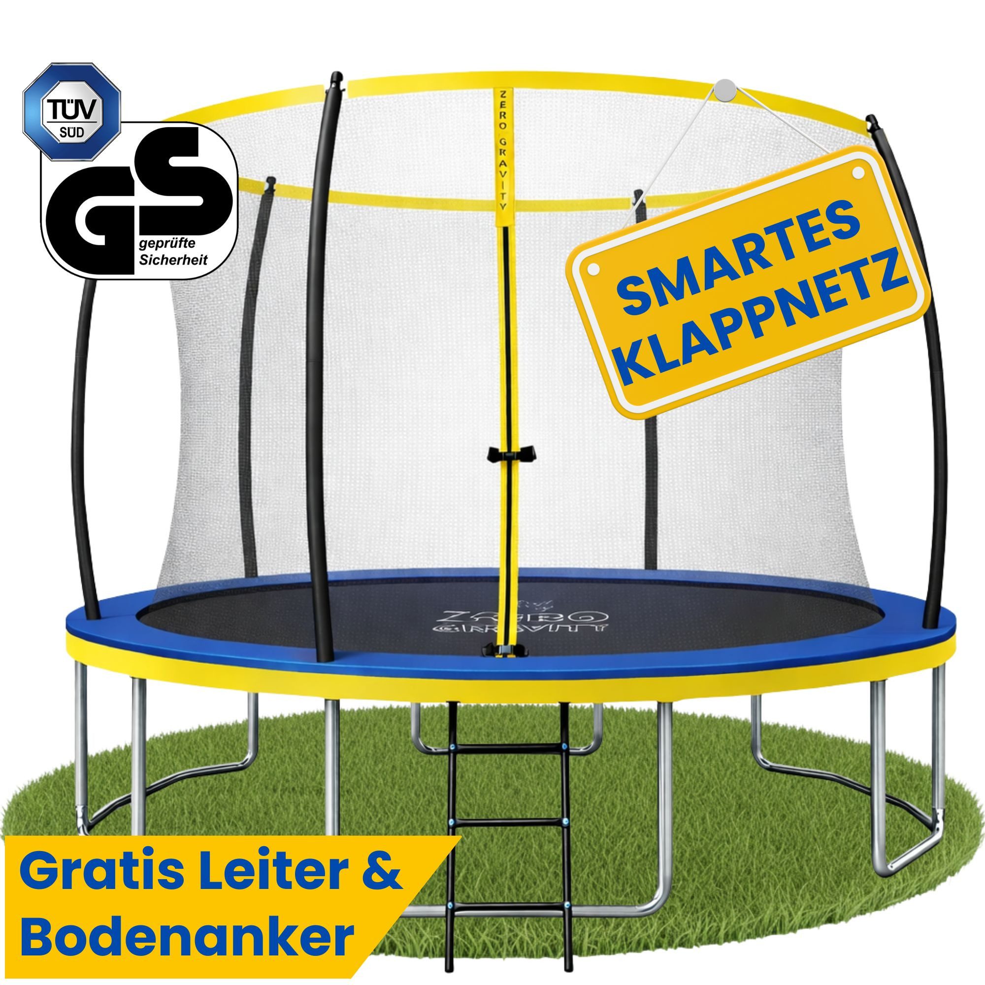 Zero Gravity Gartentrampolin Trampolin Outdoor Ø183/244/305/366/427cm mit smartem Klappnetz, Ø 183 cm, TÜV GS geprüfte Sicherheit