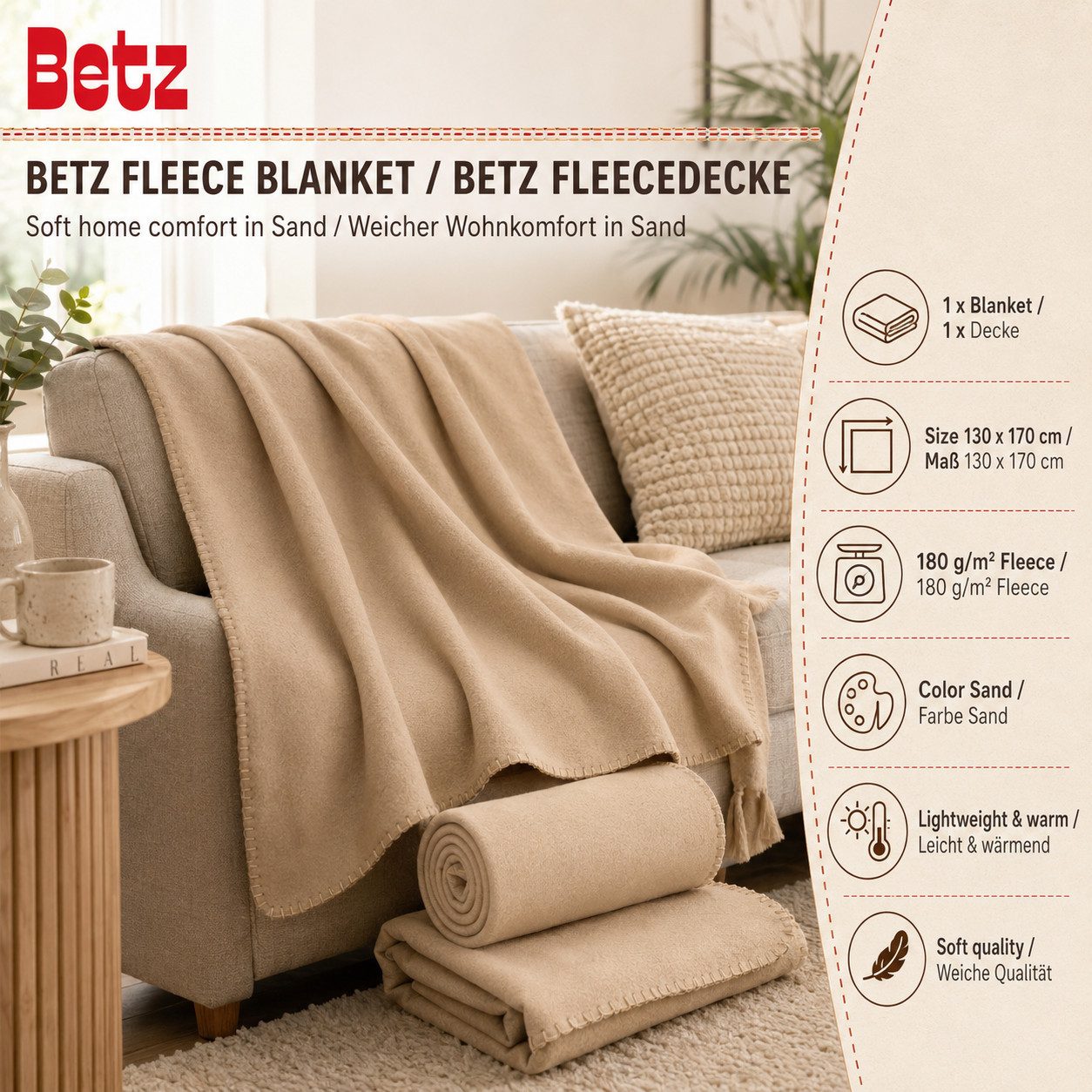 Wohndecke Betz Fleecedecke 130x170 cm 180g/m² – Weiche Wohndecke & Kuscheldecke, Betz, Leicht, wärmend & pflegeleicht – Bild 2 von 5