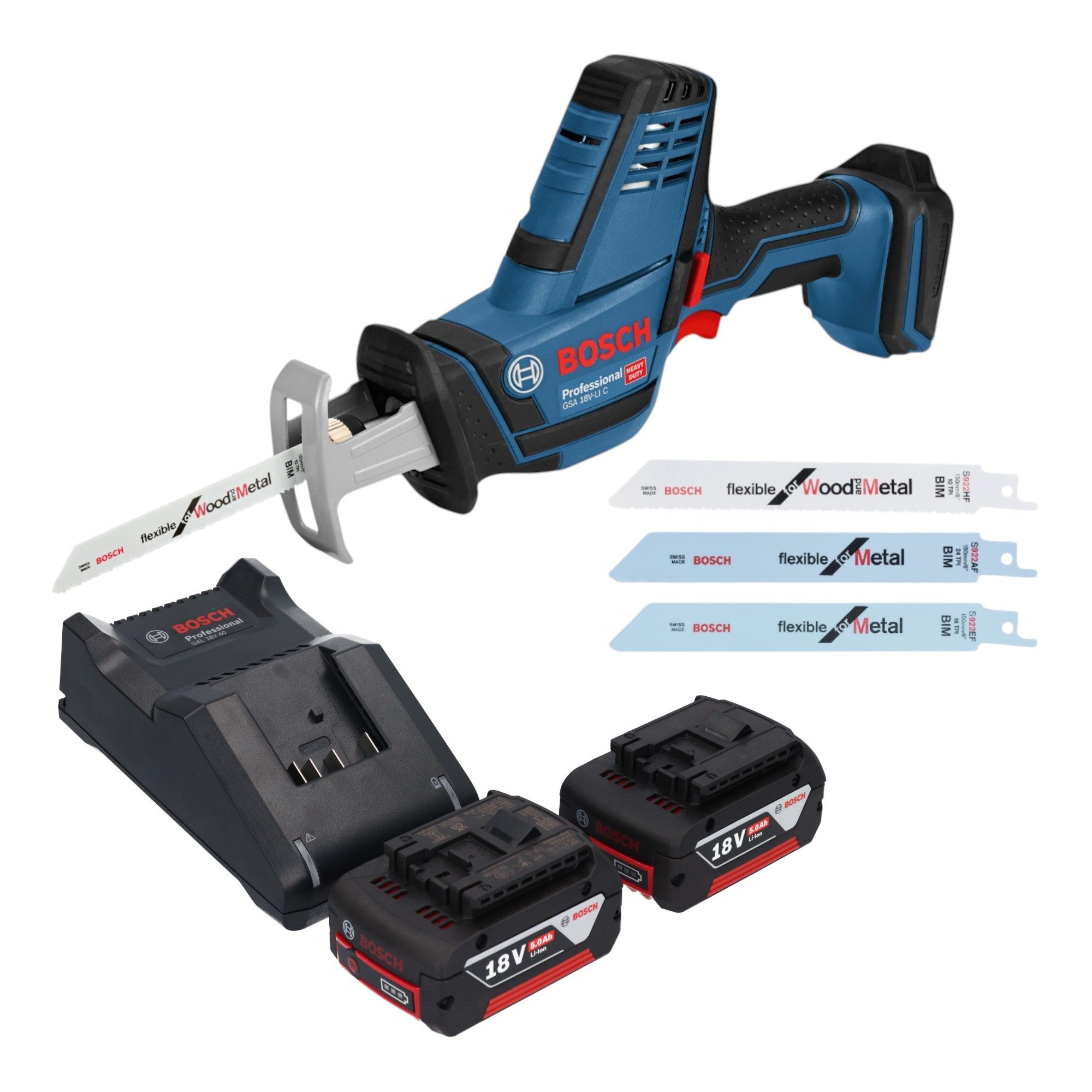 Bosch Professional Akku-Reciprosäge GSA 18V-LI C Professional 18 V + 2x Akku 5,0 Ah + Ladegerät