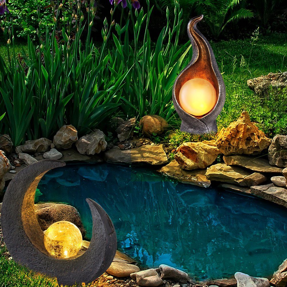 Globo LED Solarleuchte, Flamme verbaut, 2x Solar Außenleuchte Skulptur Mond LED-Leuchtmittel Solarlampe fest Solarleuchte