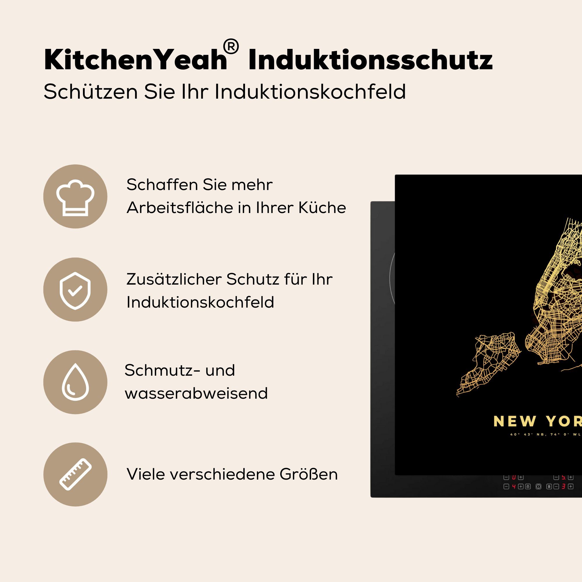 MuchoWow Herdblende-/Abdeckplatte New küche 78x78 Arbeitsplatte cm, (1 Amerika Vinyl, Gold Ceranfeldabdeckung, Karte, tlg), - - York für 