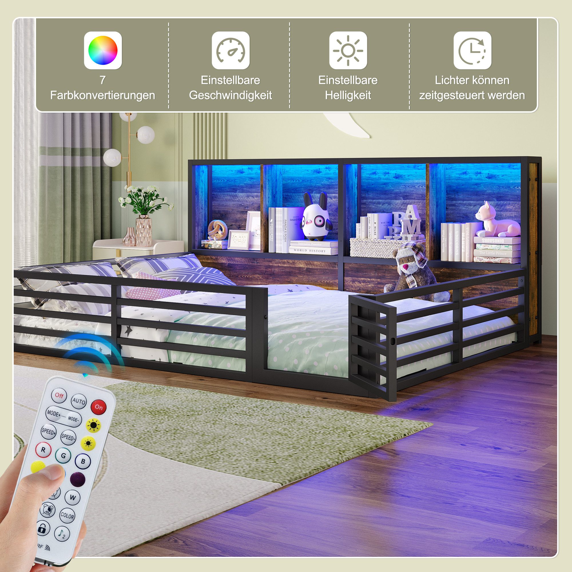 Merax Kinderbett (Plattformbett aus Metallrahmen und MDF, 1-tlg., Daybed für Kinder & Jugendzimmer), Metall Zaunbett 140x200cm mit LED Ablagefächer Geländer Lat – Bild 5 von 5