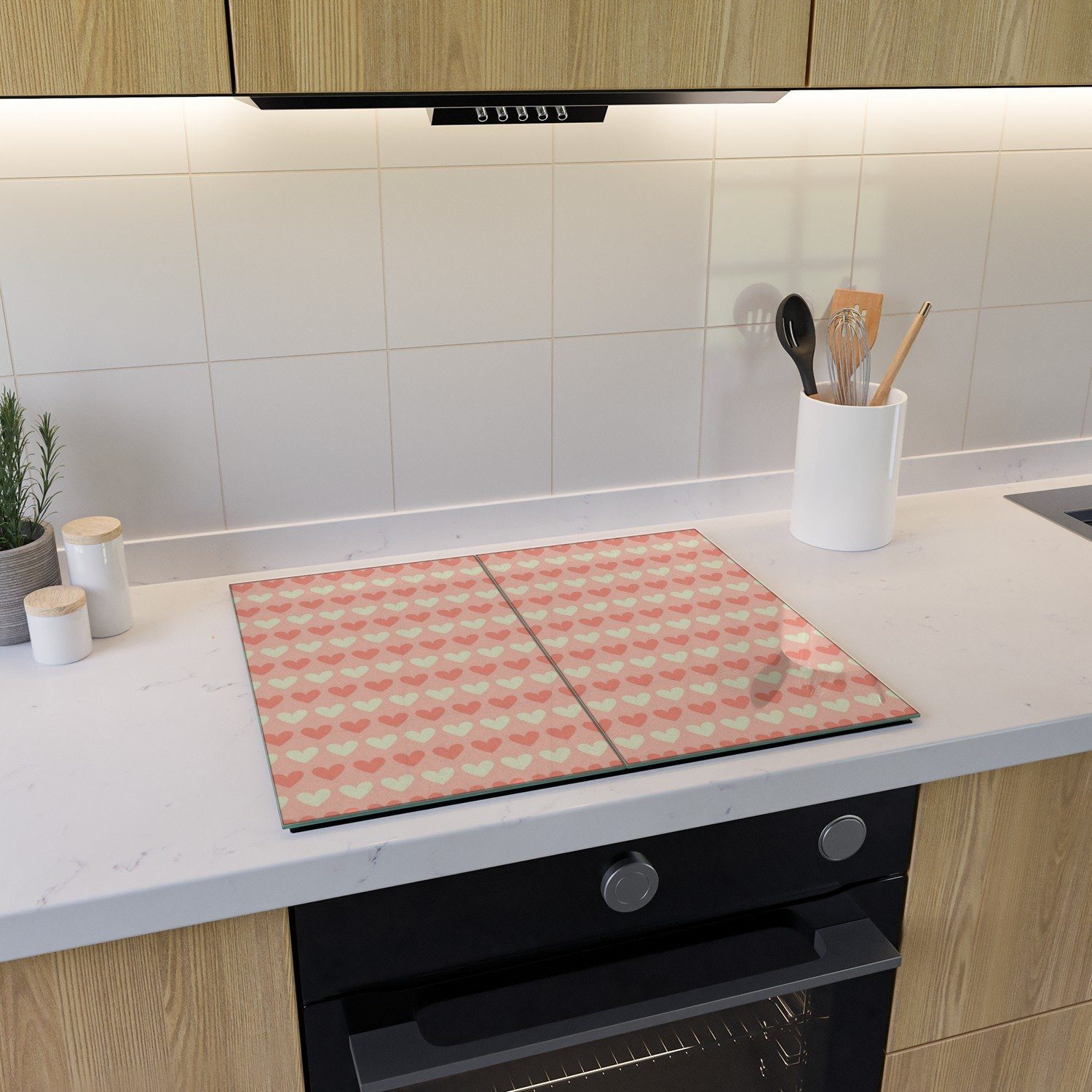 Wallario Herd-Abdeckplatte Muster Herzen in beige und rot, ESG-Sicherheitsglas, (Glasplatte, 2 tlg., inkl. 5mm Noppen), verschiedene Größen
