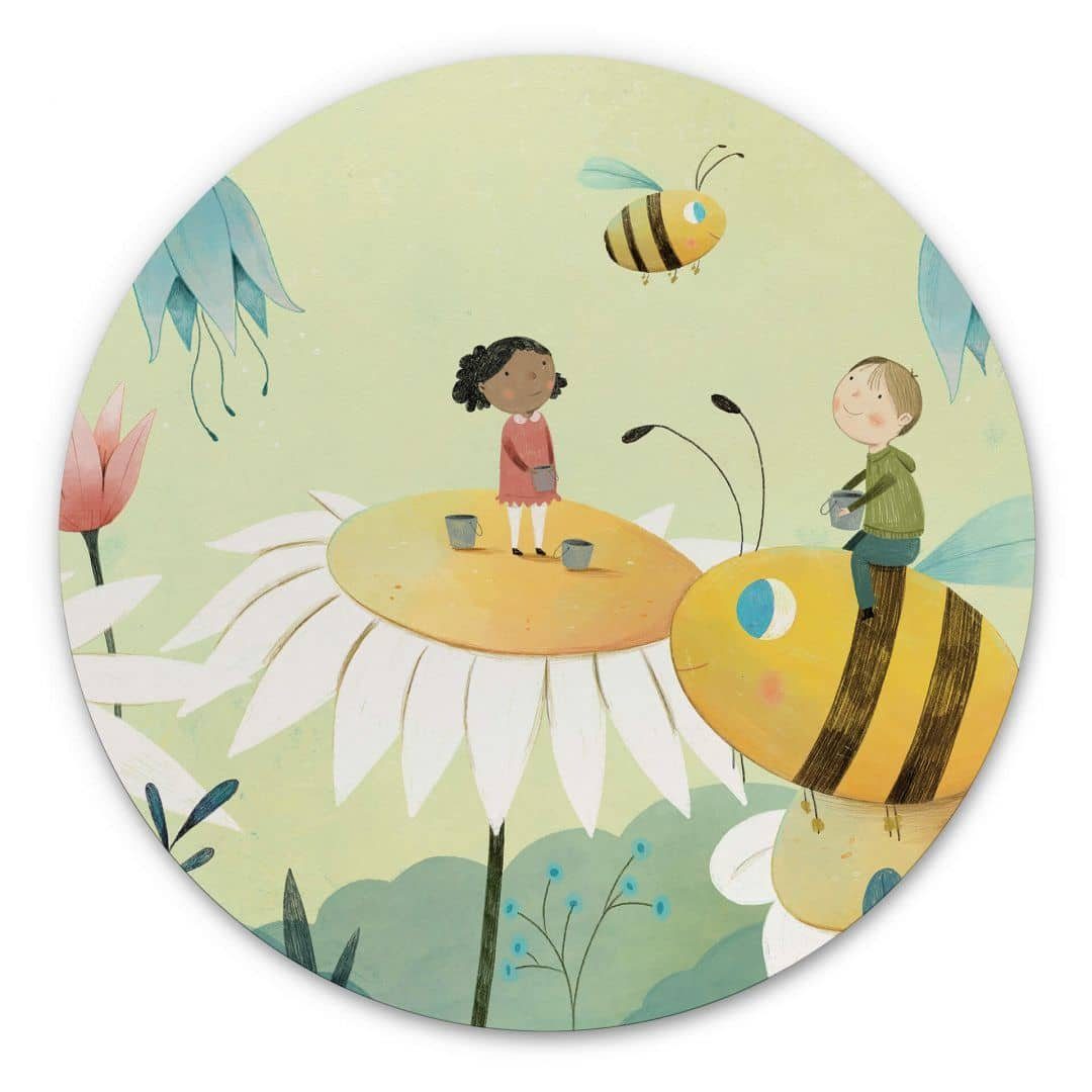 K&L Wall Art Gemälde Metallposter Honigbienen Kinderzimmer fleißige Baby Biene Loske, Metalloptik Wandbild Ø 30cm