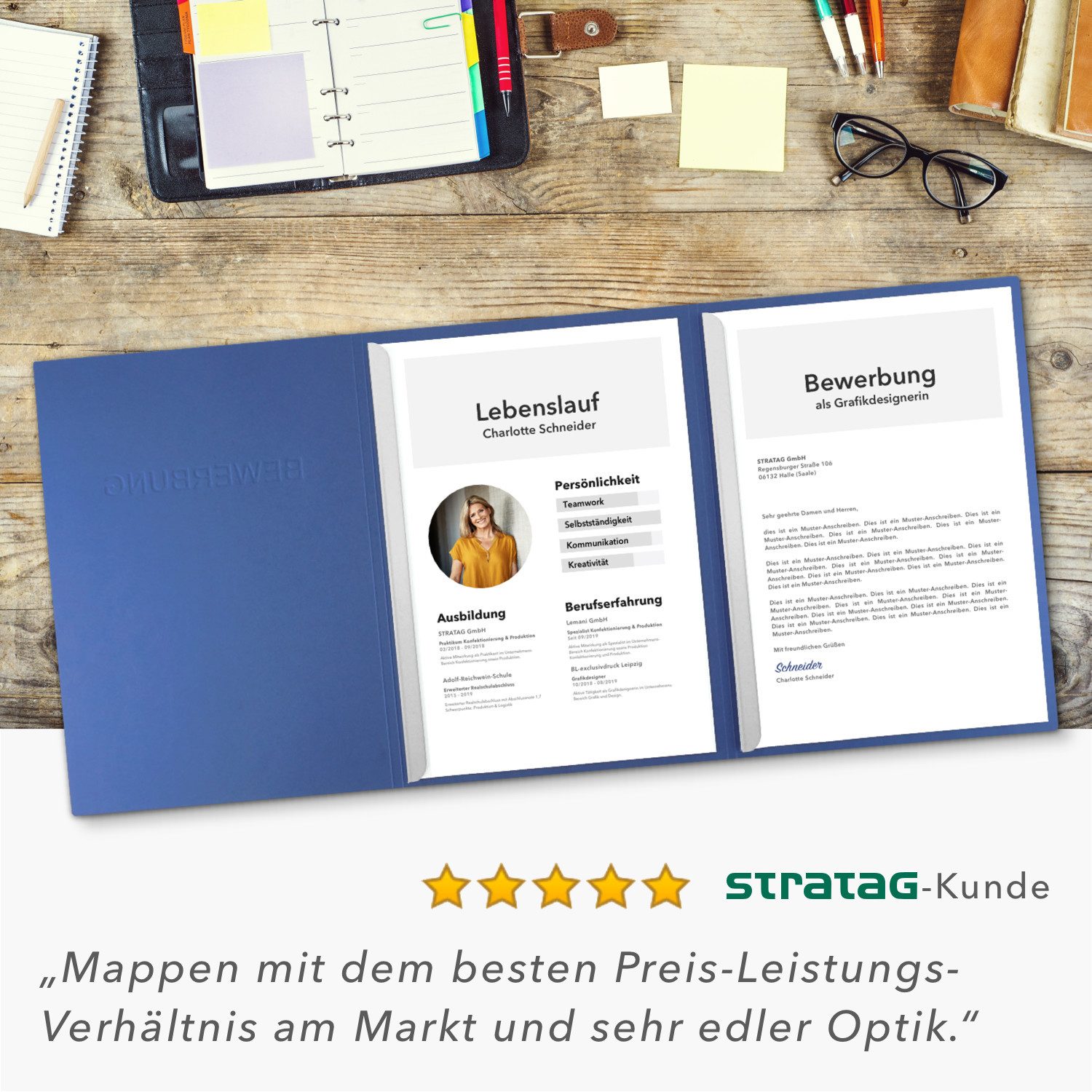 STRATAG Bewerbungsmappe in feinster Lederstruktur - 10 Stück 3-teilig mit 2 Klemmschienen (Set, 10-St., mit hochwertiger Relief-Prägung BEWERBUNG), direkt vom H – Bild 5 von 5
