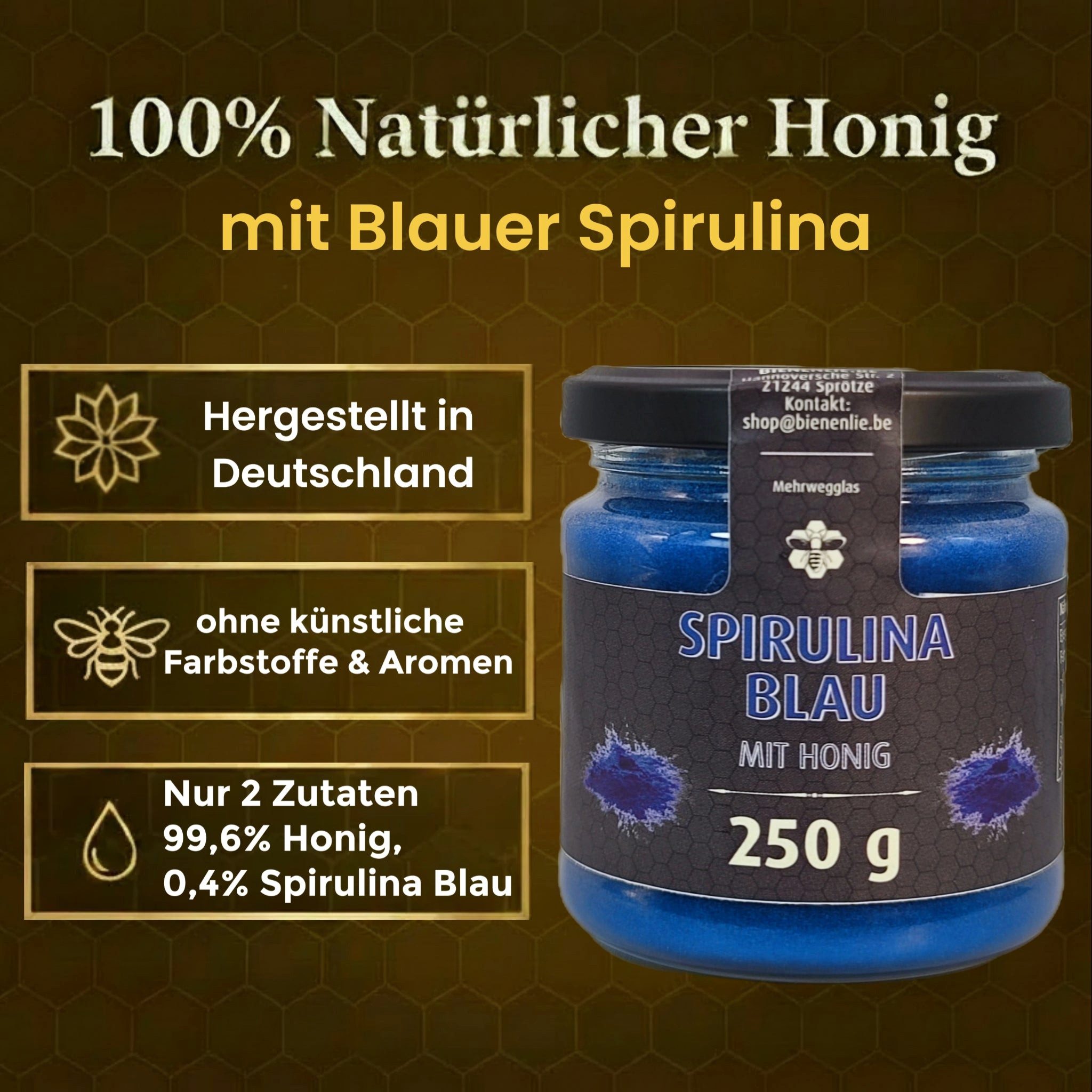 Imkerei BienenLie.be Honig Spirulina Blau mit Honig - mild & cremig, 250g, 1 x 250 g, 1 St. (Cremiger Brotaufstrich mit Honig & Frucht)