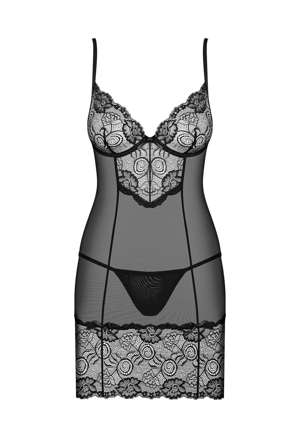Negligé Negligee Alluria schwarz transparent mit String