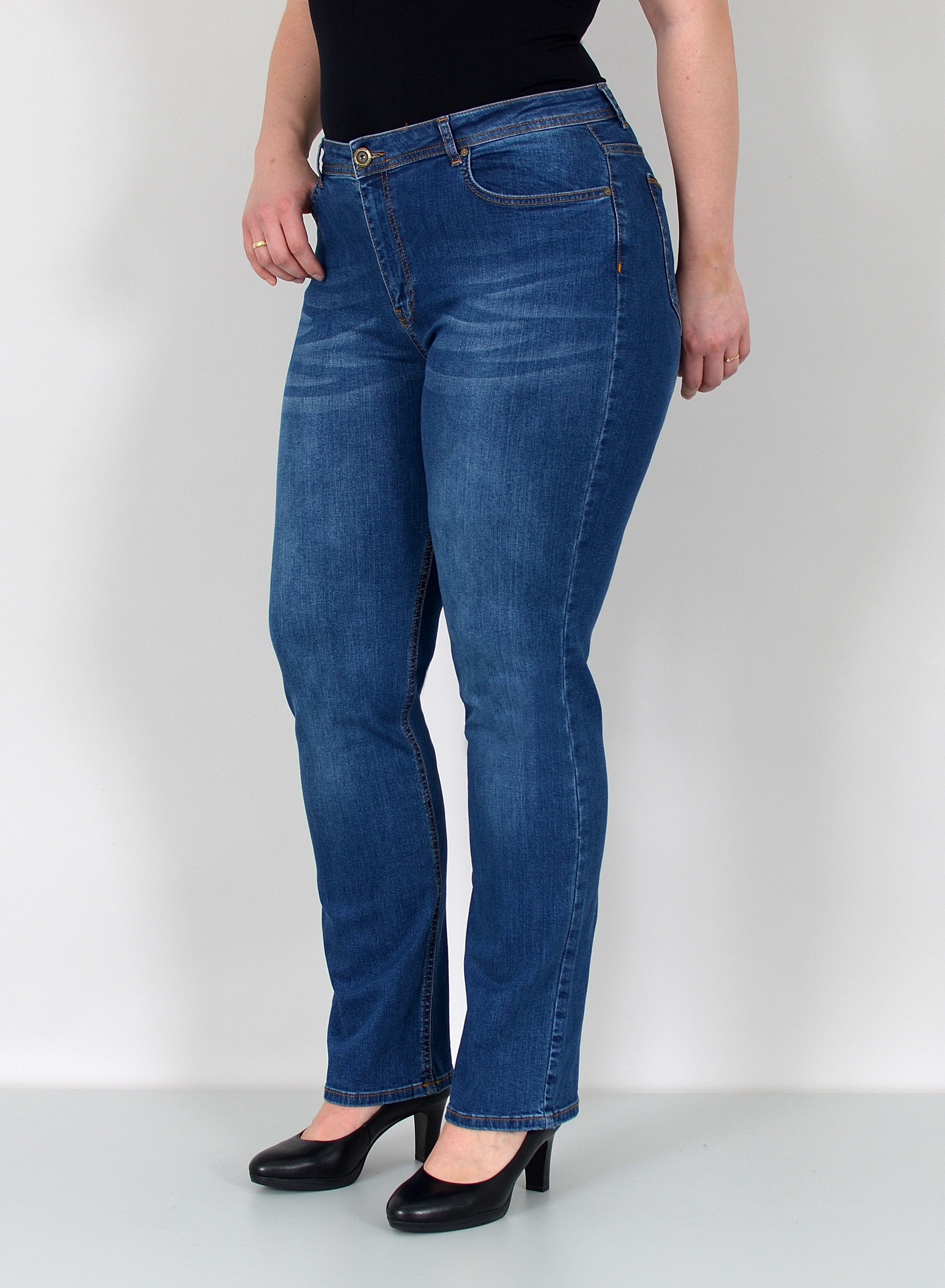 ESRA Straight-Jeans Damen Jeanshose Gerader Schnitt Stretch Hose hoher Bund bis Plus Size Straight Jeans Damen High Waist Hose Stretch Jeans Regular Übergröße