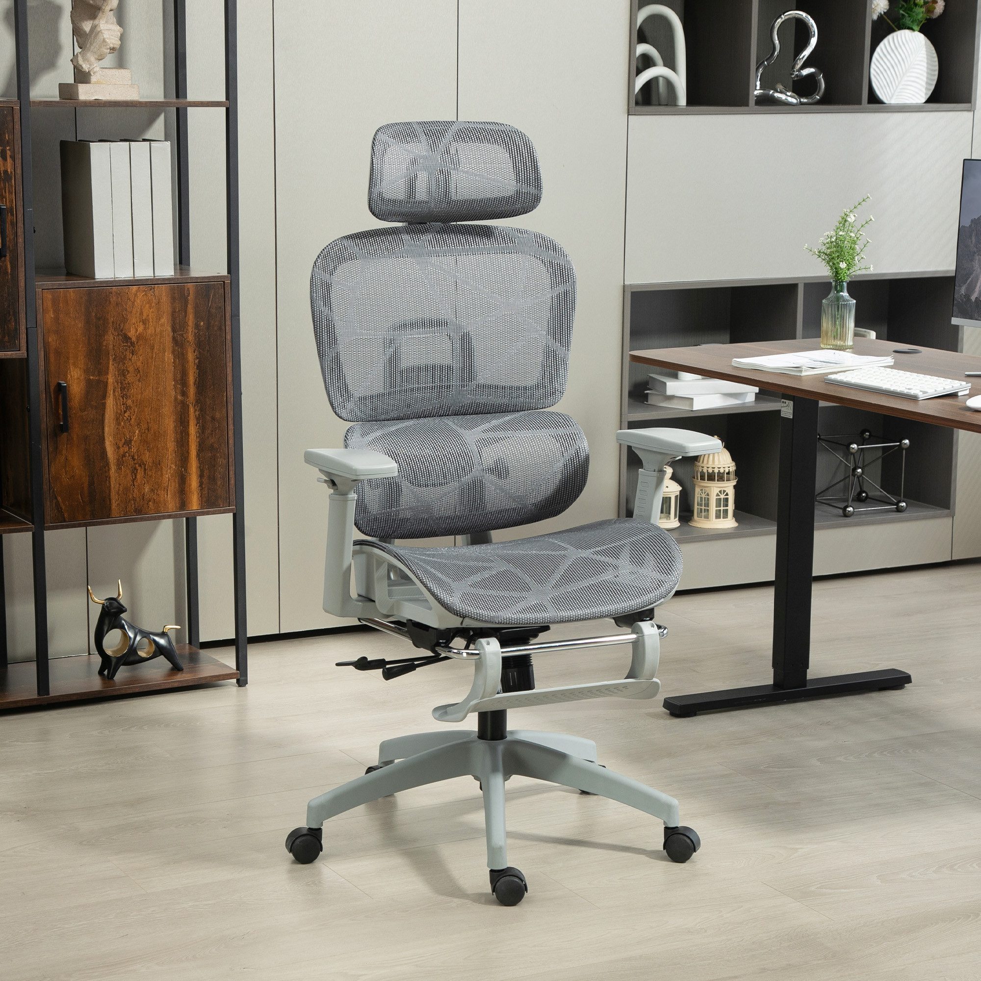 HOMCOM Bürostuhl Liegefunktion 4-fach verstellbar höhenverstellbarer Drehstuhl (Ergonomischer Schreibtischstuhl, 1 St), mit Wippfunktion, Liegefunktion, Fußstütze, Lendenwirbelstütze, Grau