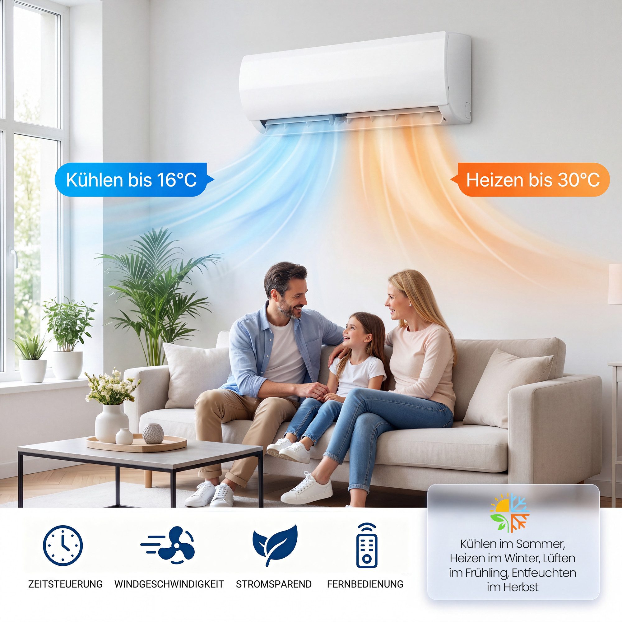 Furnicopia Split-Klimagerät 12000 BTU Inverter-Klimaanlage Kühlen & Heizen, inkl. Zubehör [A++], Stufenlos Inverter, A++/A+++