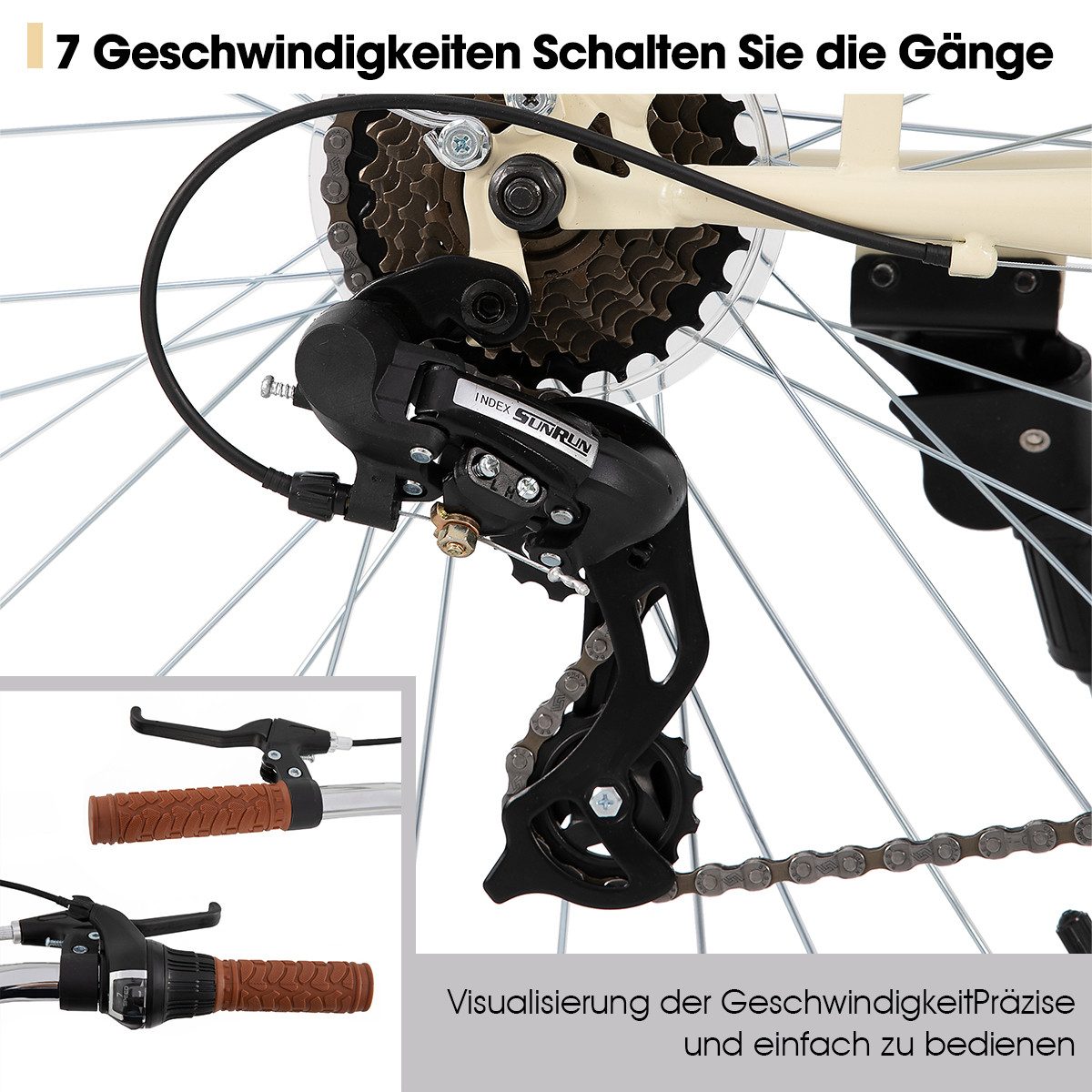 HILAND Cityrad Unisex Citybike 26", 7-Gang, V-Bremse, passend für 165–182cm, Step-Through Rahmen mit Gepäckträger und Korb,7 Gang