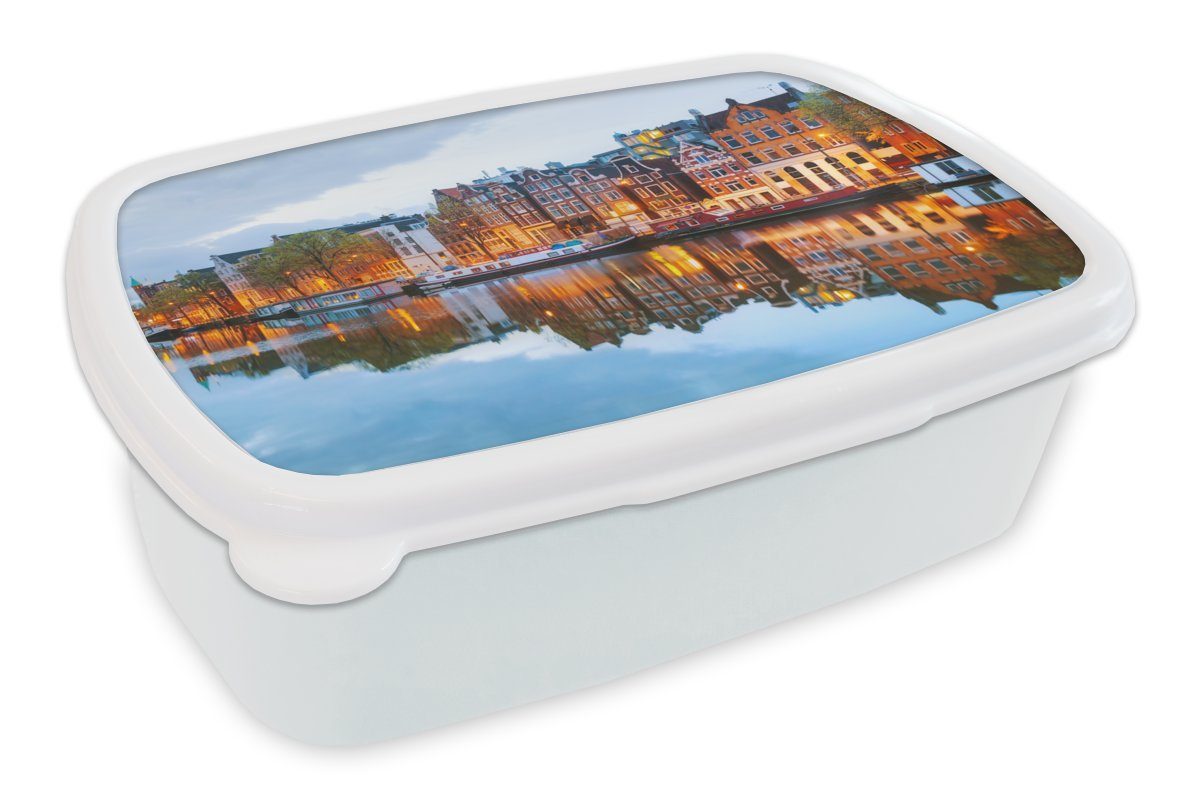 MuchoWow Lunchbox Grachtenhäuser - Amsterdam - Niederlande, Kunststoff, (2-tlg), Brotbox für Kinder und Erwachsene, Brotdose, für Jungs und Mädchen weiß