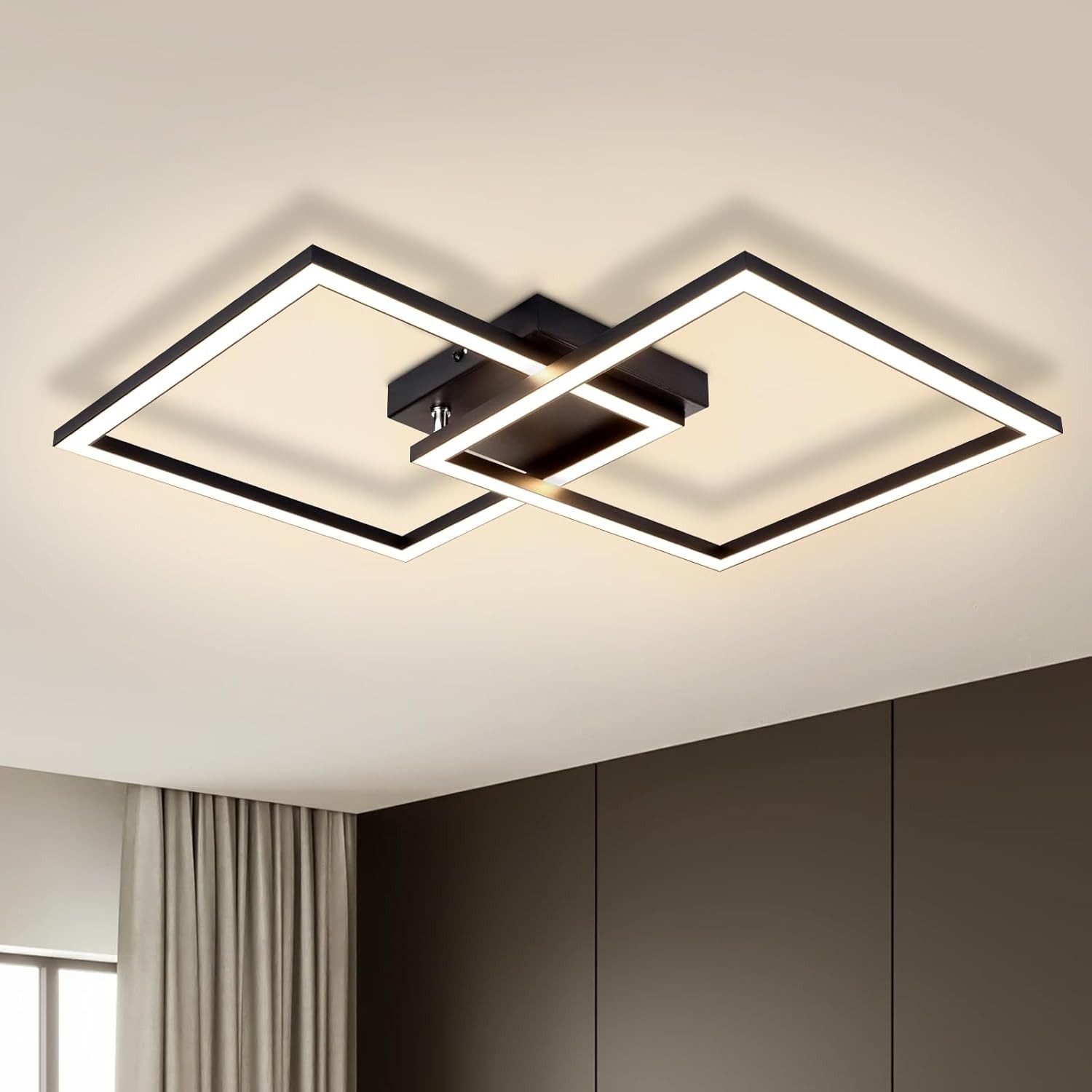 Nettlife LED Deckenleuchte Flur Wohnzimmer Schwarz moderne Kristall Deckenlampe 12/24W, LED fest integriert, Warmweiß, ohne Kristalle 24W 46.1*46.1*5.8cm für Wohnzimmer Flur Schlafzimmer