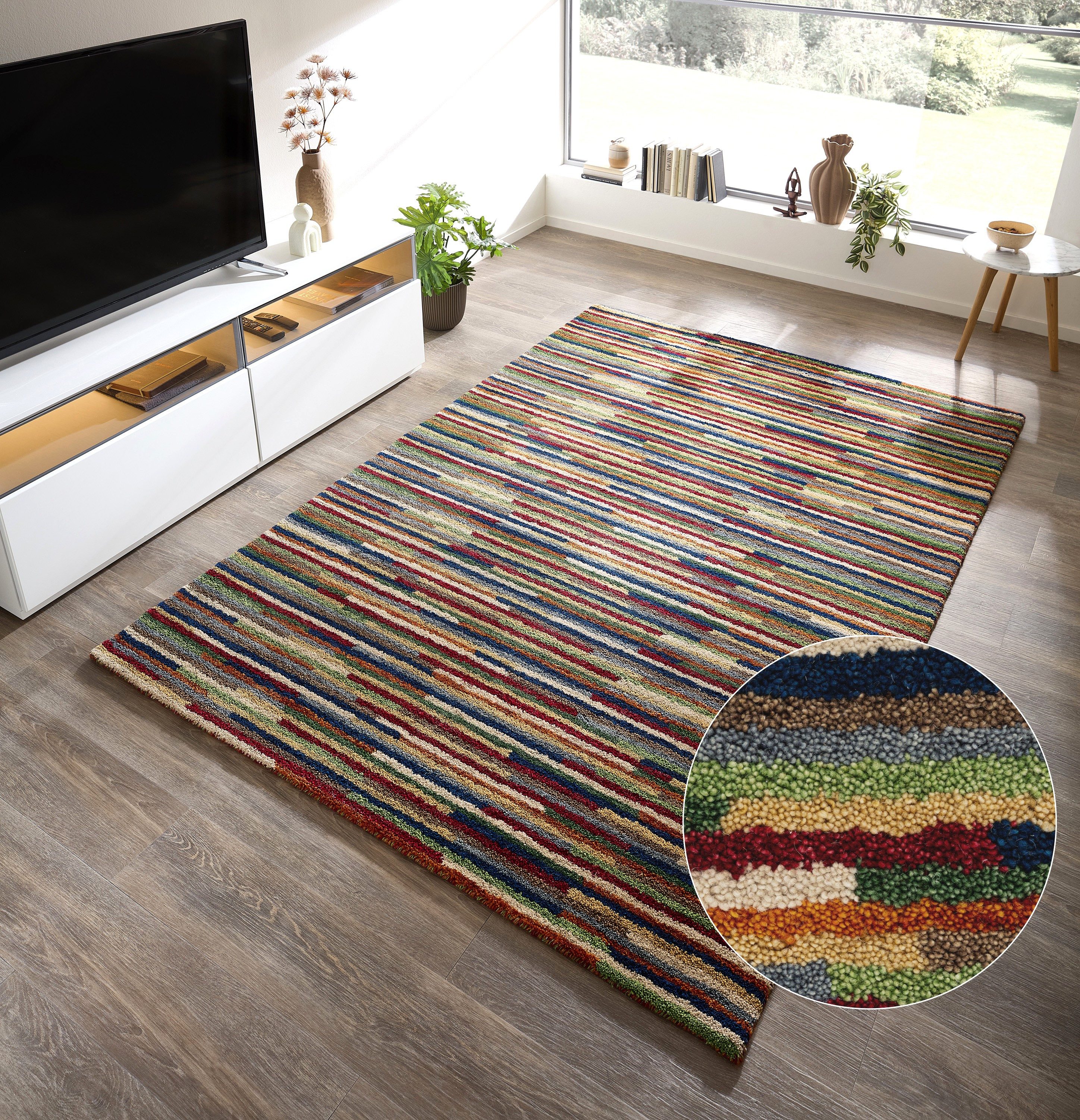 THEKO Wollteppich Gabbeh Multi, Handgefertigt, Teppich, meliert, reine Wolle, rechteckig, Höhe: 15 mm, Wohnzimmer, Schlafzimmer, Esszimmer