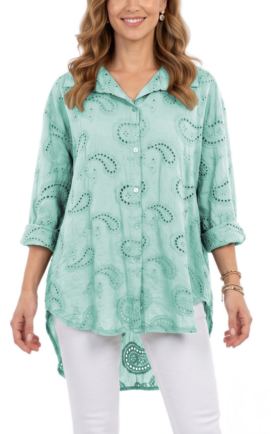 dy_mode Longbluse Damen Longbluse Oversize Tunika Boho Baumwollbluse Sommerbluse in Unifarbe, mit Paisley Lochstickerei, in Vokuhila-Schnitt