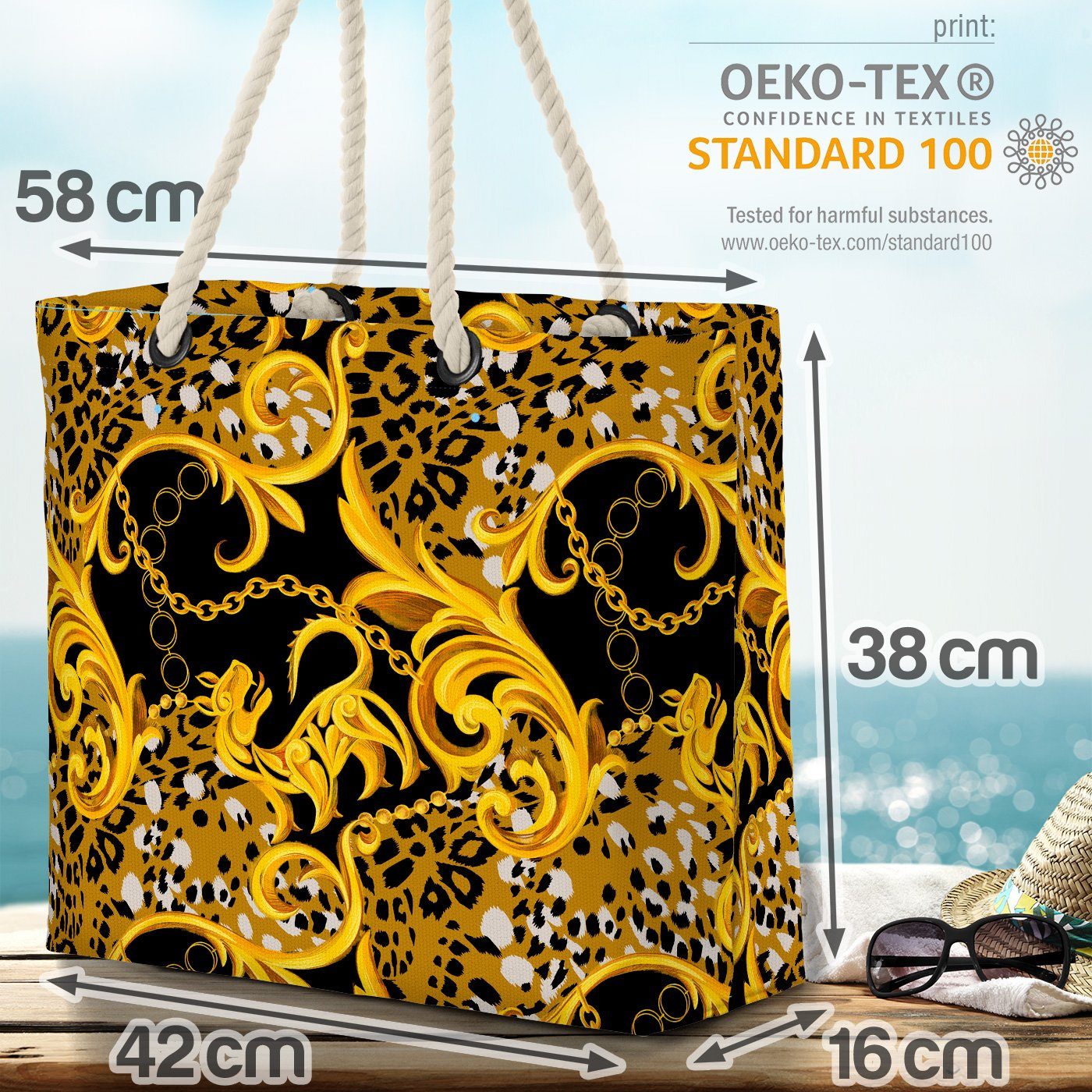 Ornamente Leopard Antik Afrika Schwarz Ornament Gold Barock Bag Exotisch VOID Strandtasche Beach (1-tlg),