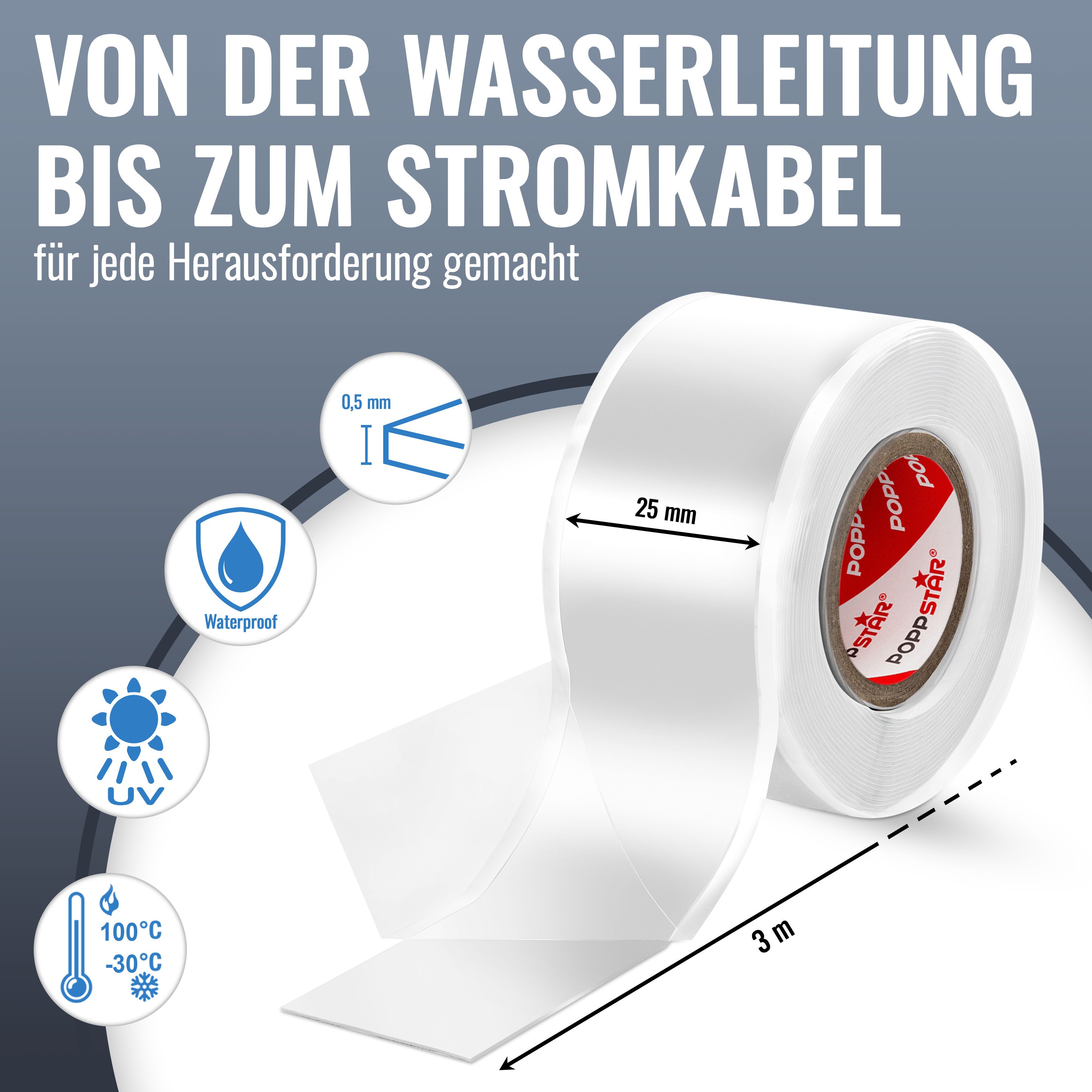 Poppstar Dichtband Silikonband selbstverschweißend zum Isolieren (Wasser, Luft, Strom) (2-St., Farbe weiß) Isolierband und Abdichtband 3m lang, 25mm breit – Bild 2 von 5