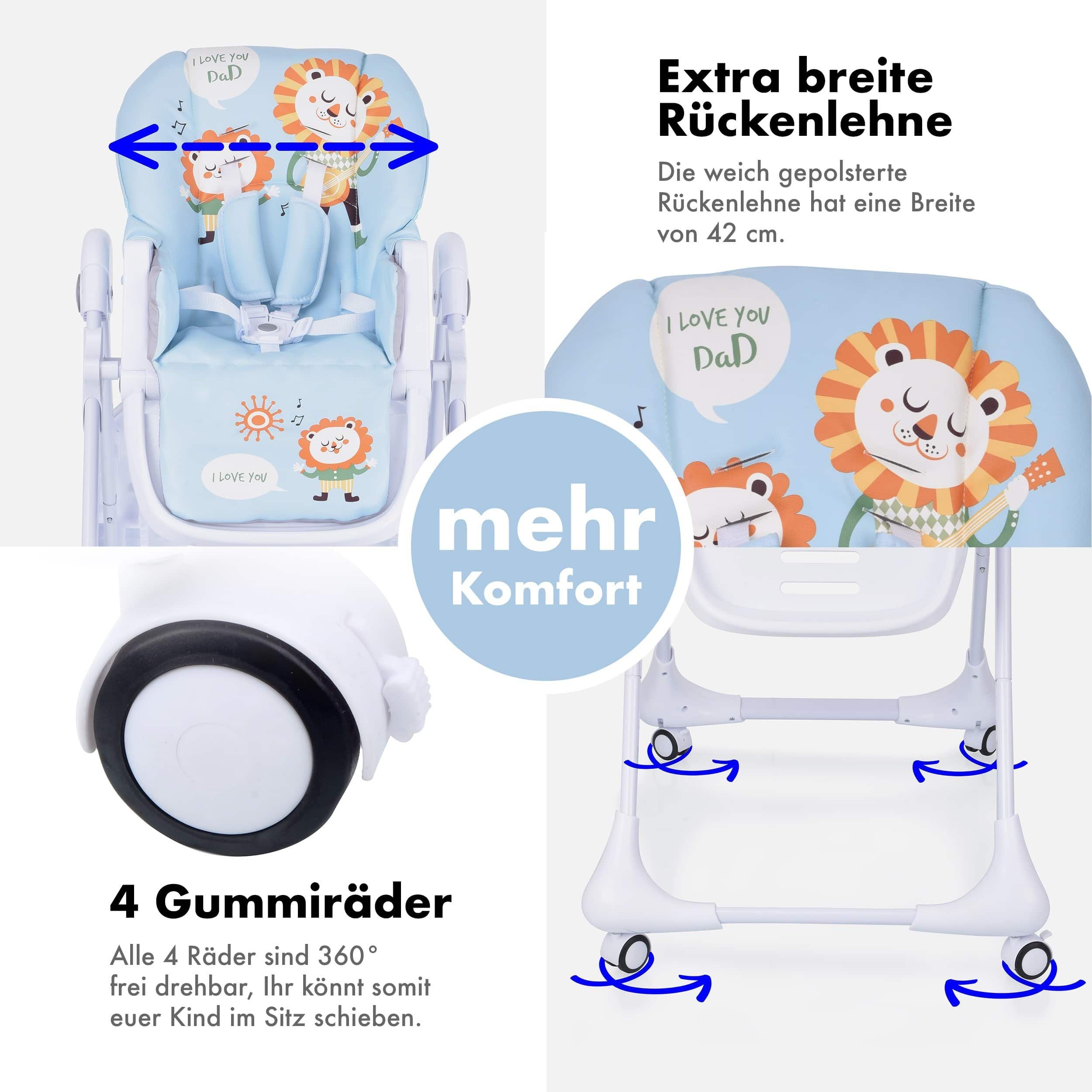 Daliya® Hochstuhl SITONMI 3in1 Kinderhochstuhl & Babyliege, extra breite Rückenlehne (Set, 7 St), Babyliege, 0-4 Jahre, breite Rückenlehne, Tablett, Korb, Platzsparend