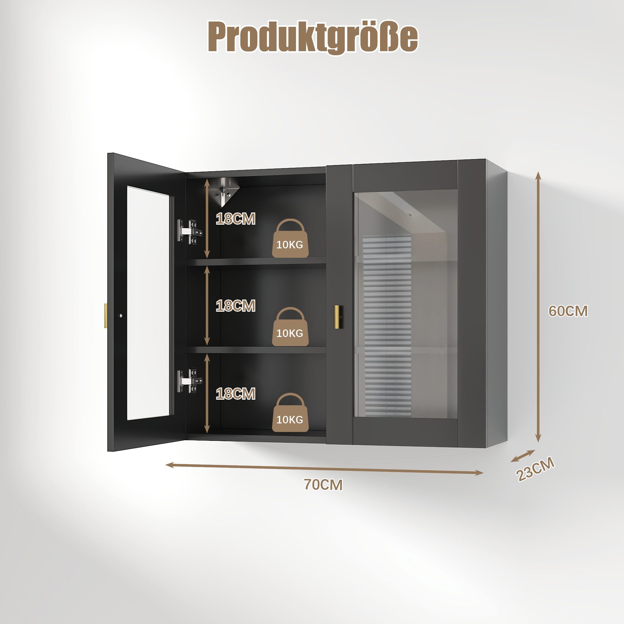 radelldar Hängeschrank Küchenhängeschränke mit 2 Glastüren, 70 x 60 x 23 cm,  (1-St) Schwarz