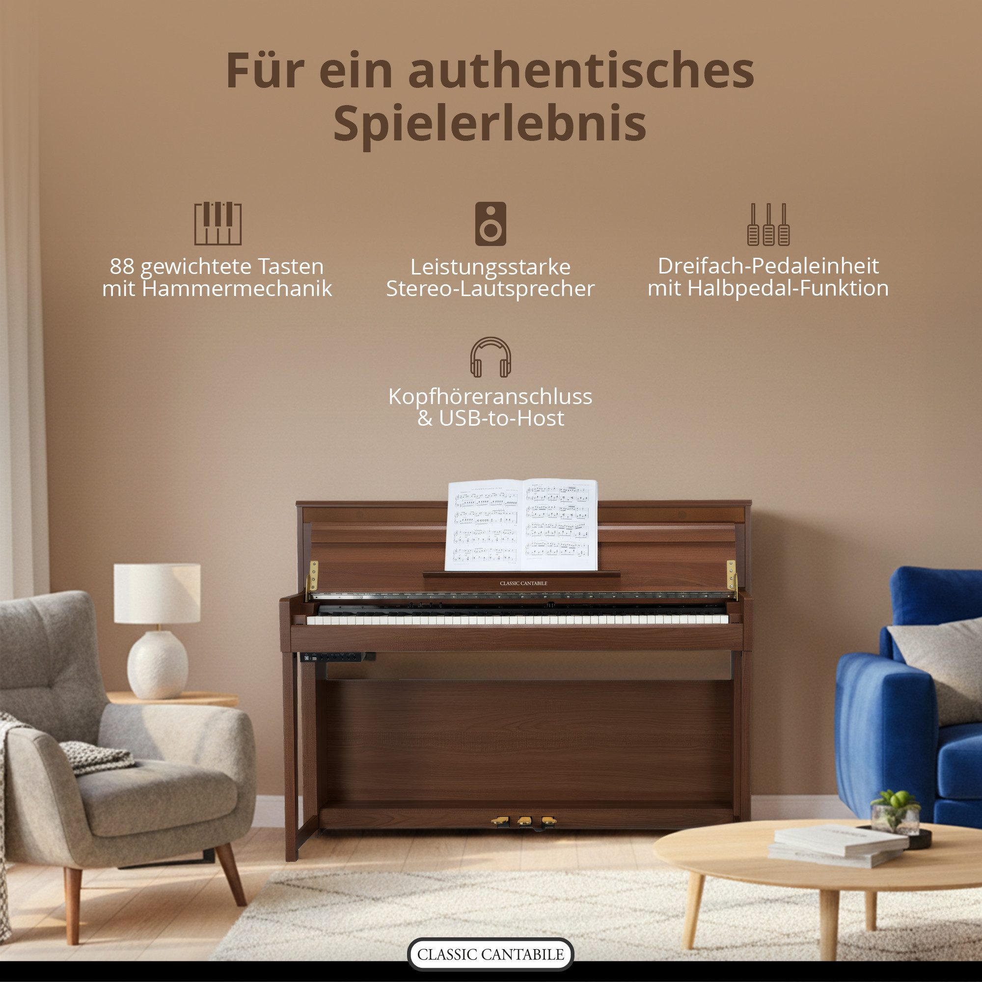 Classic Cantabile Digitalpiano UP-1 SM Upright E-Piano Okoume, Klavier mit 40 Sounds und 256-fache Polyphonie – Bild 4 von 5