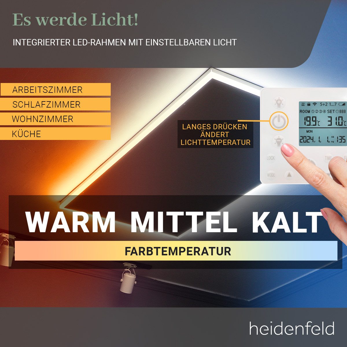 Heidenfeld Infrarotheizung 390 - 800 W Decken Elektroheizung HF-HP500 - 10 J. Garantie