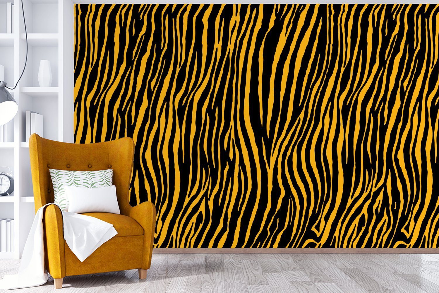 - Tigerdruck bedruckt, MuchoWow Fototapete (6 Wohnzimmer, - Wallpaper Tapete Schlafzimmer, St), Vinyl Orange, Matt, Kinderzimmer, für Tiere