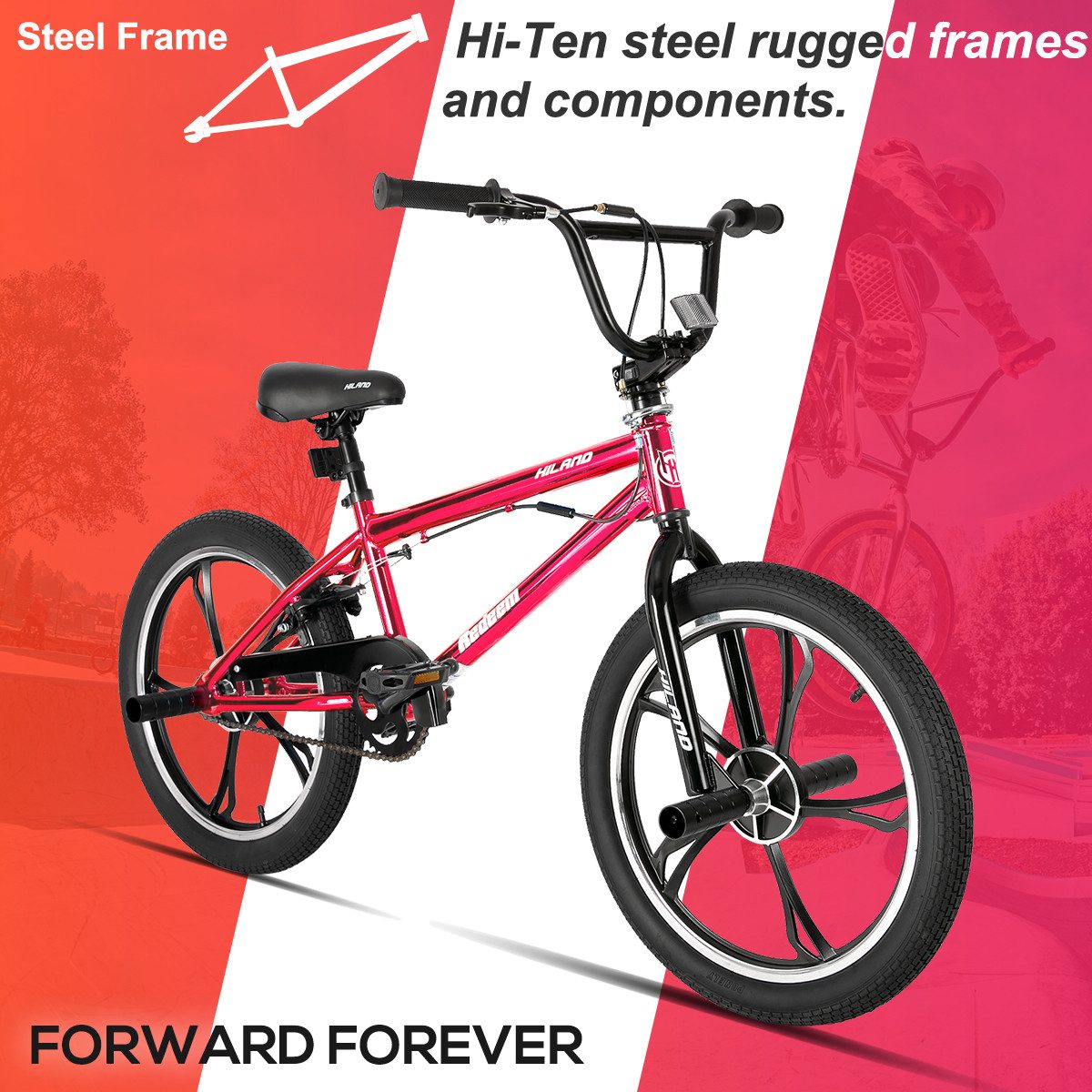 HILAND BMX-Rad 20 Inch 5 Spoke Kids BMX Bike for Boys Girls Ages 5-12, 360 Degree Rotor Freestyle, 4 Pegs Single Speed