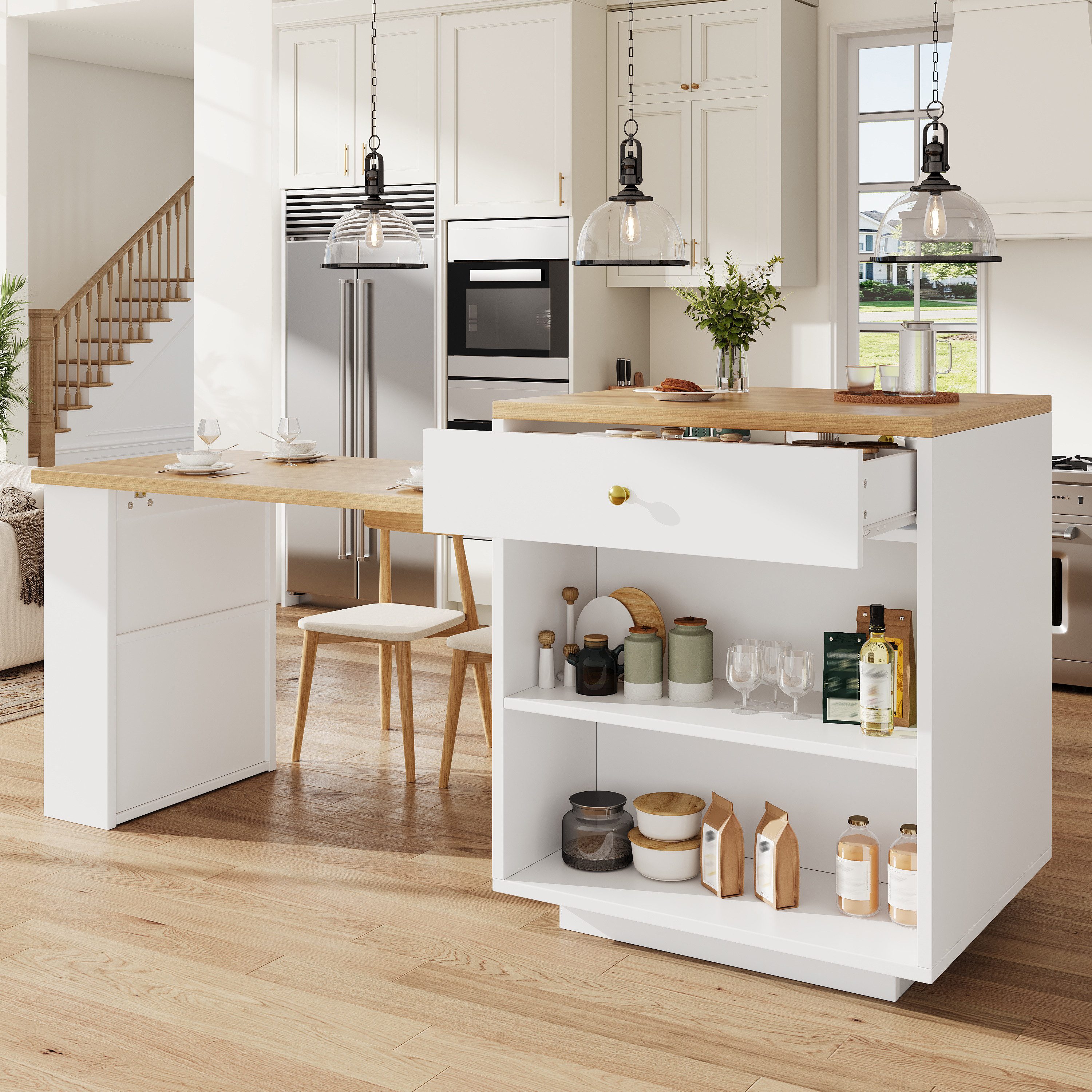 Flieks Kücheninsel mit ausziehbarer Esstisch, 3 Schubladen und 1 Türablagen, (122,5-195,5cm Länge verstellbar), Multifunktionaler Küchenschrank mit erweiterbarer Tisch Weiß