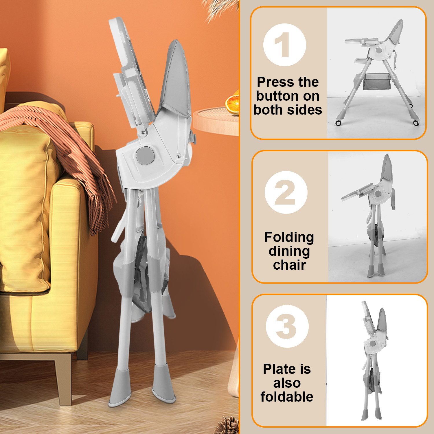 oyajia Kinderstuhl 3-in-1 Kinderstuhl, Kombistuhl, Babystuhl, höhenverstellbar klappbar (Babystuhl mit Tablett und 5-Punkt-Gurt, Fußstütze, Einfach zu Reinigen), Baby Wippe, ab 6 Monaten bis 3 Jahren