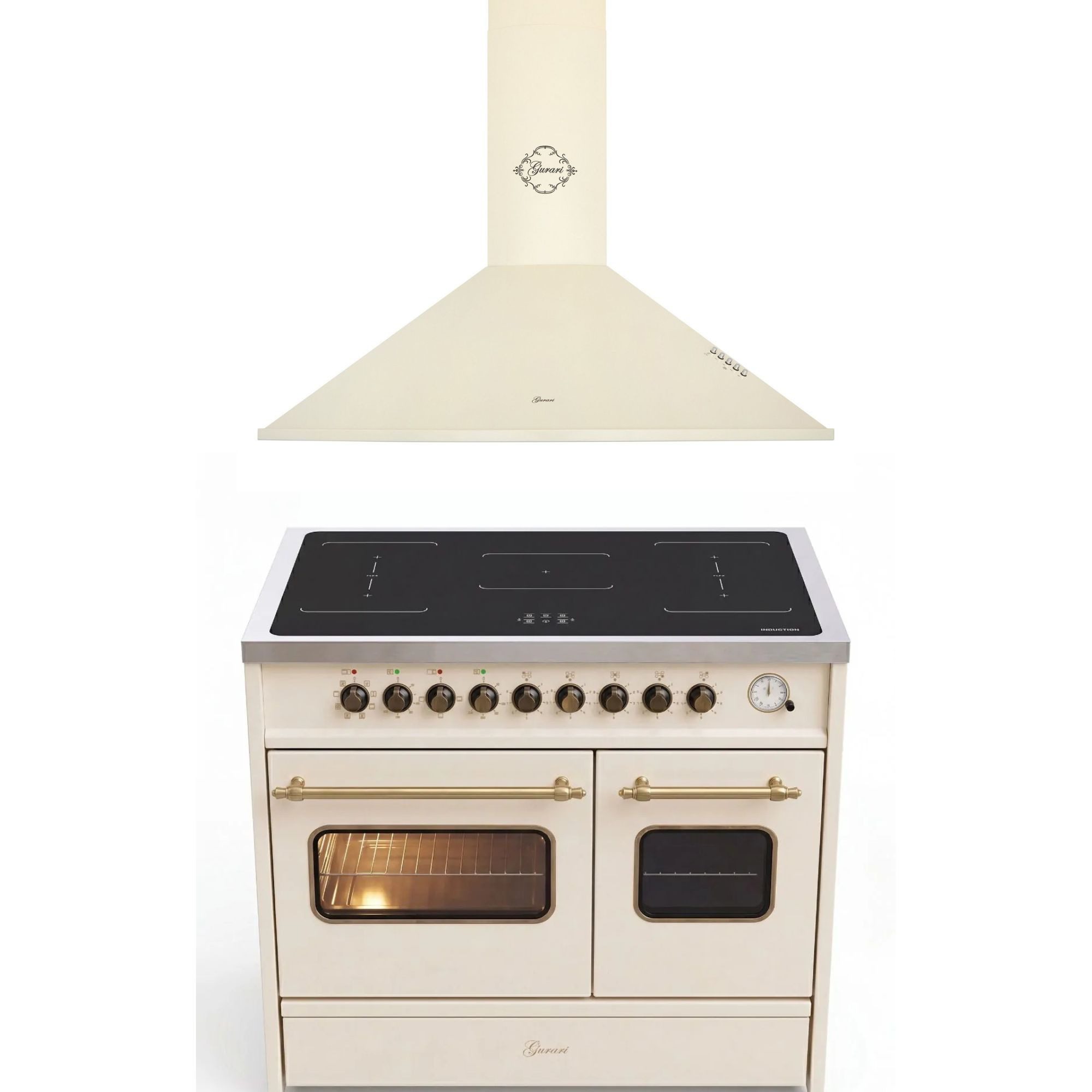 GURARI Induktions Herd-Set Retro Elektro Standherd 90 cm, Range Coocker mit FLEX Induktion und 2 Backofen+Dunstabzugshaube 90 cm GCH E 913 DF CR+GCH C 046 BG 9 N, mit 1-fach-Teleskopauszug
