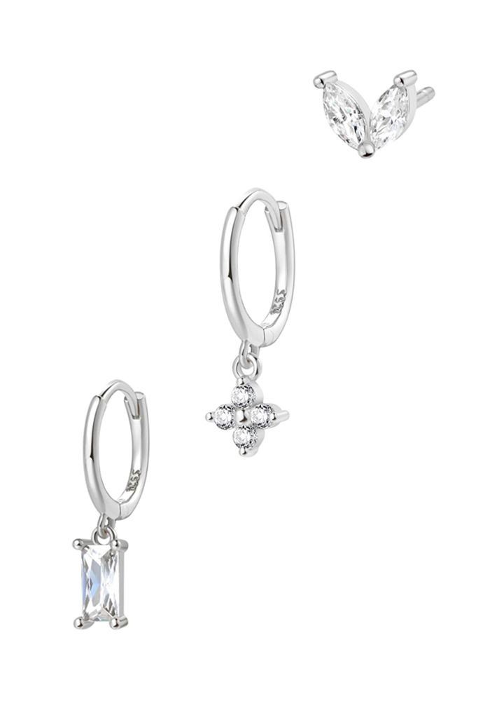 Hey Happiness Ohrring-Set Layer 6er Silber 925 Damen stabelbar, Gold 18K (Set, Ohrringe Set), Viereck Creolen Hänger, Blume Kristall Ohrstecker klein, Brautschmuck